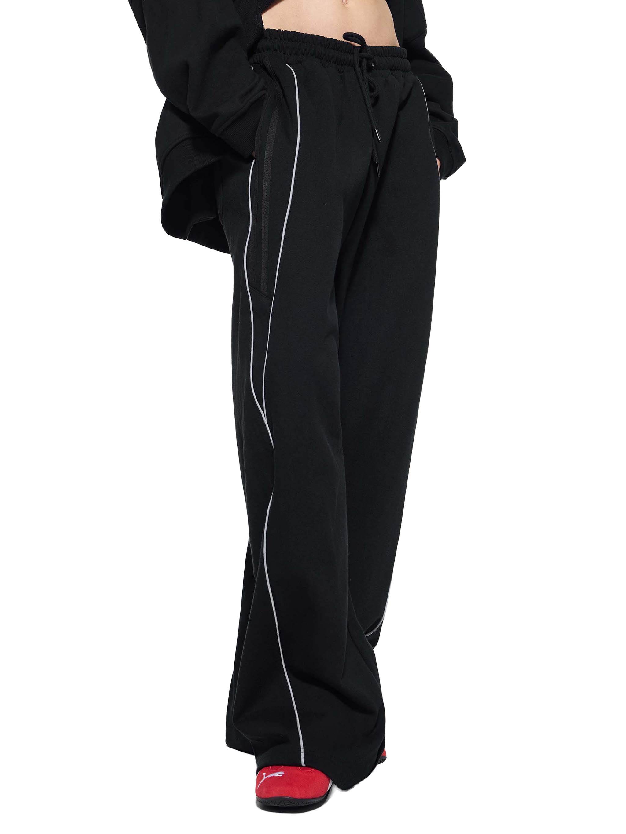 Black straight-leg sweatpants with white side stripes and drawstring waist
