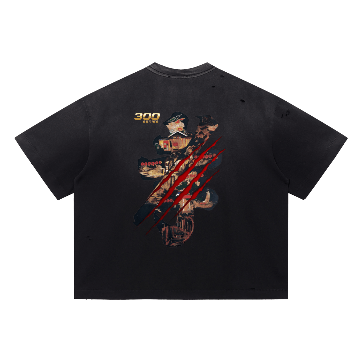 Black oversized streetwear t-shirt with vintage samurai graphic, distressed details, and claw marks