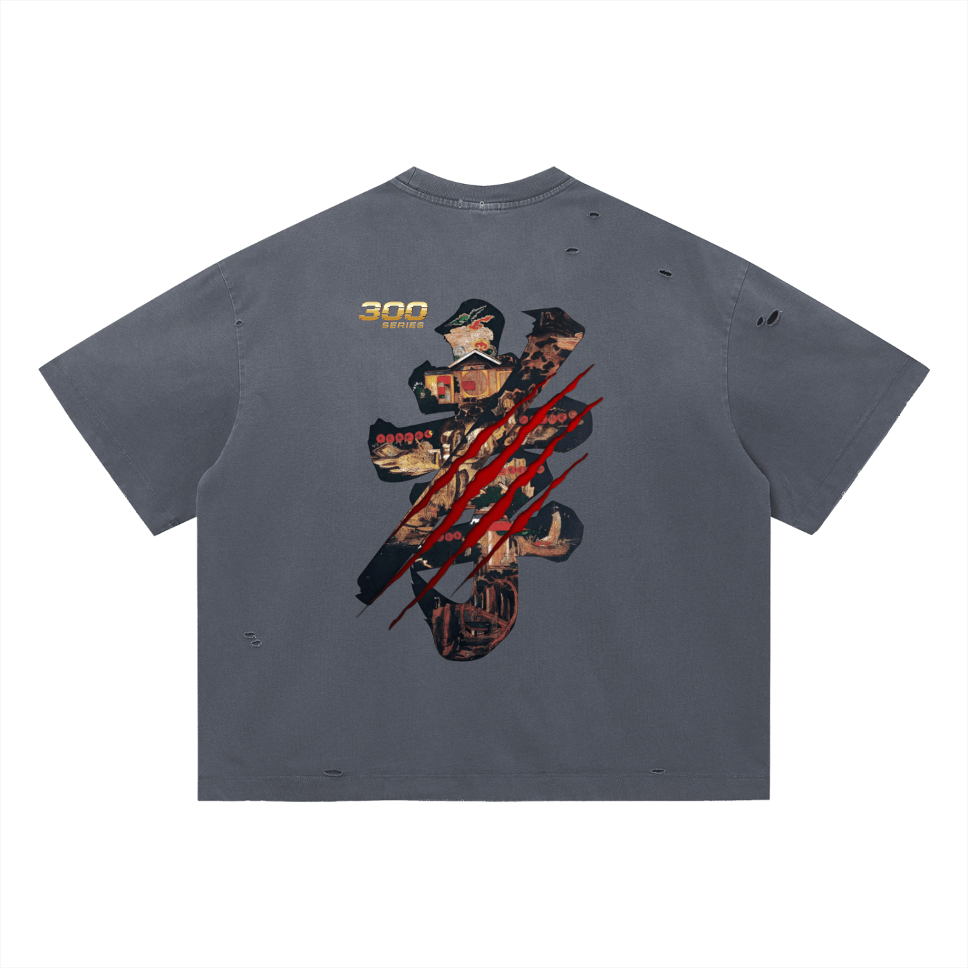Oversized distressed grey t-shirt with vintage samurai graphic and bold red claw marks