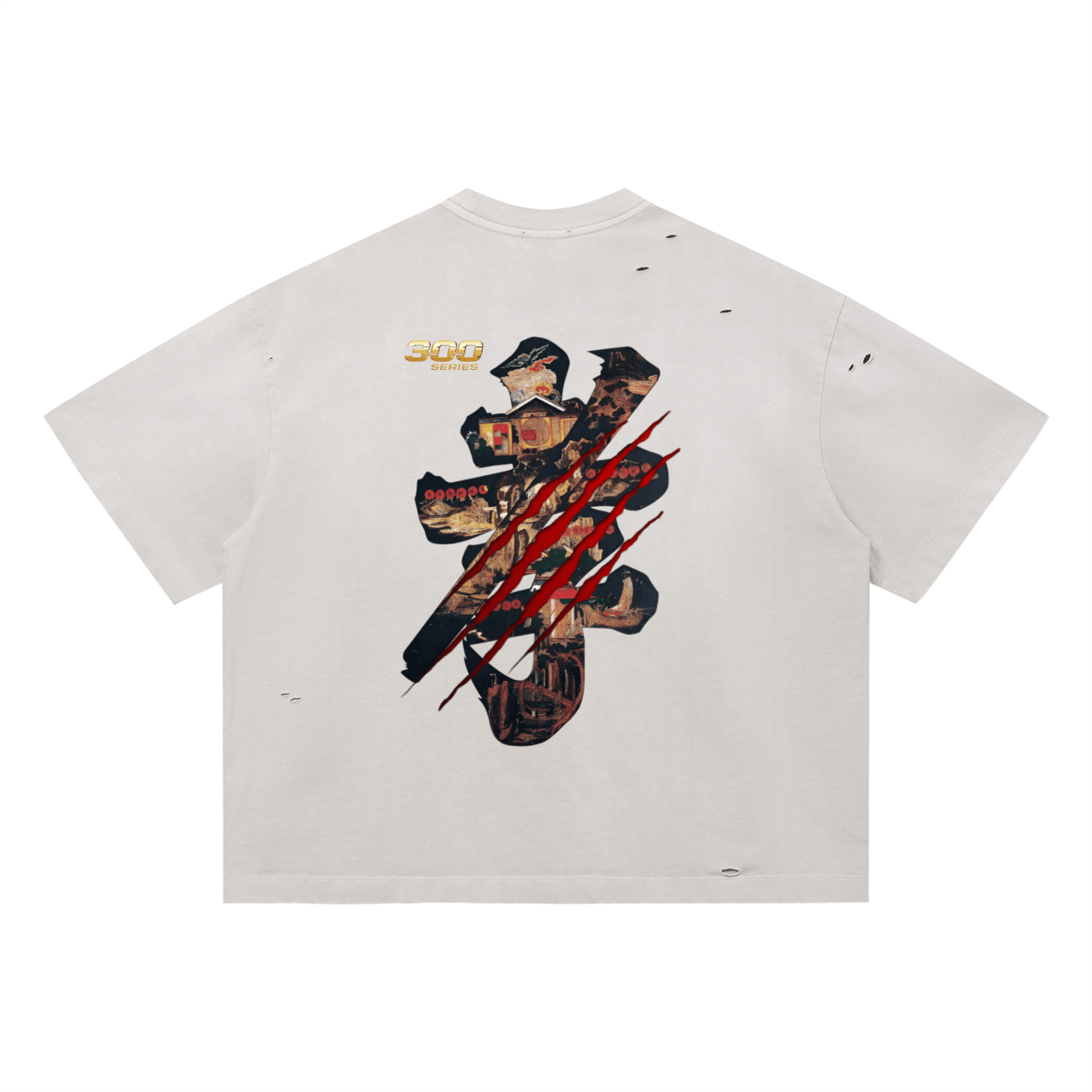 Vintage washed oversized t-shirt with distressed details and bold samurai graphic on back