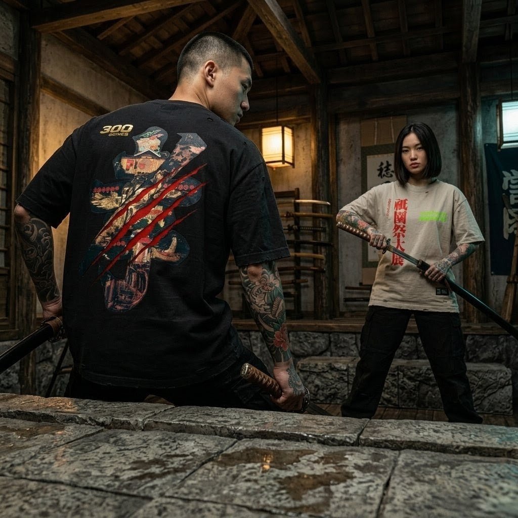 Two tattooed models in oversized vintage samurai graphic t-shirts holding katanas in a dojo