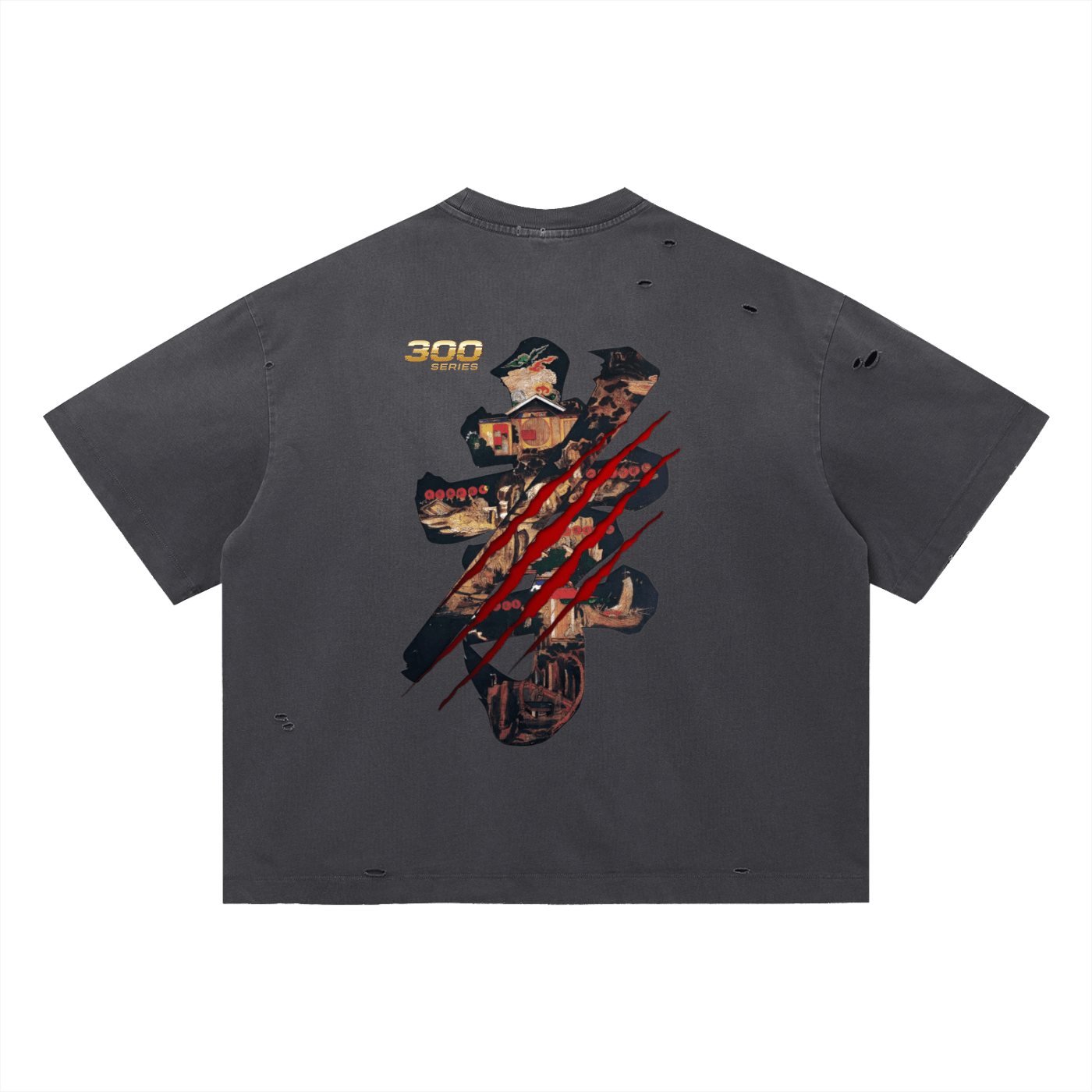 Oversized distressed black t-shirt with samurai graphic, gold lettering, and red claw marks