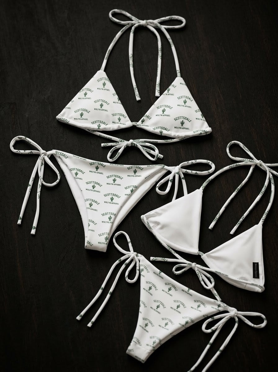 White Scottsdale cactus print string bikinis with tie straps on dark background