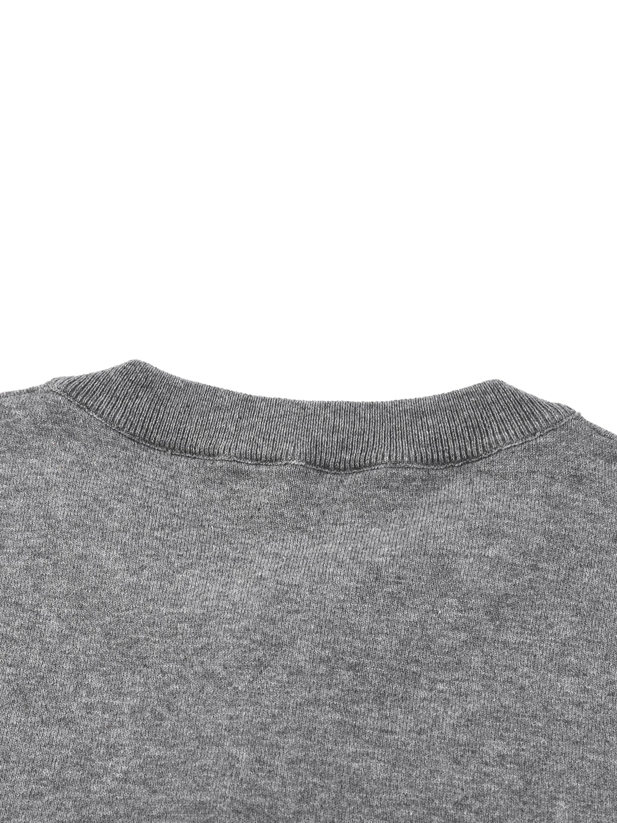 Close-up of gray cotton knit short sleeve t-shirt collar and texture