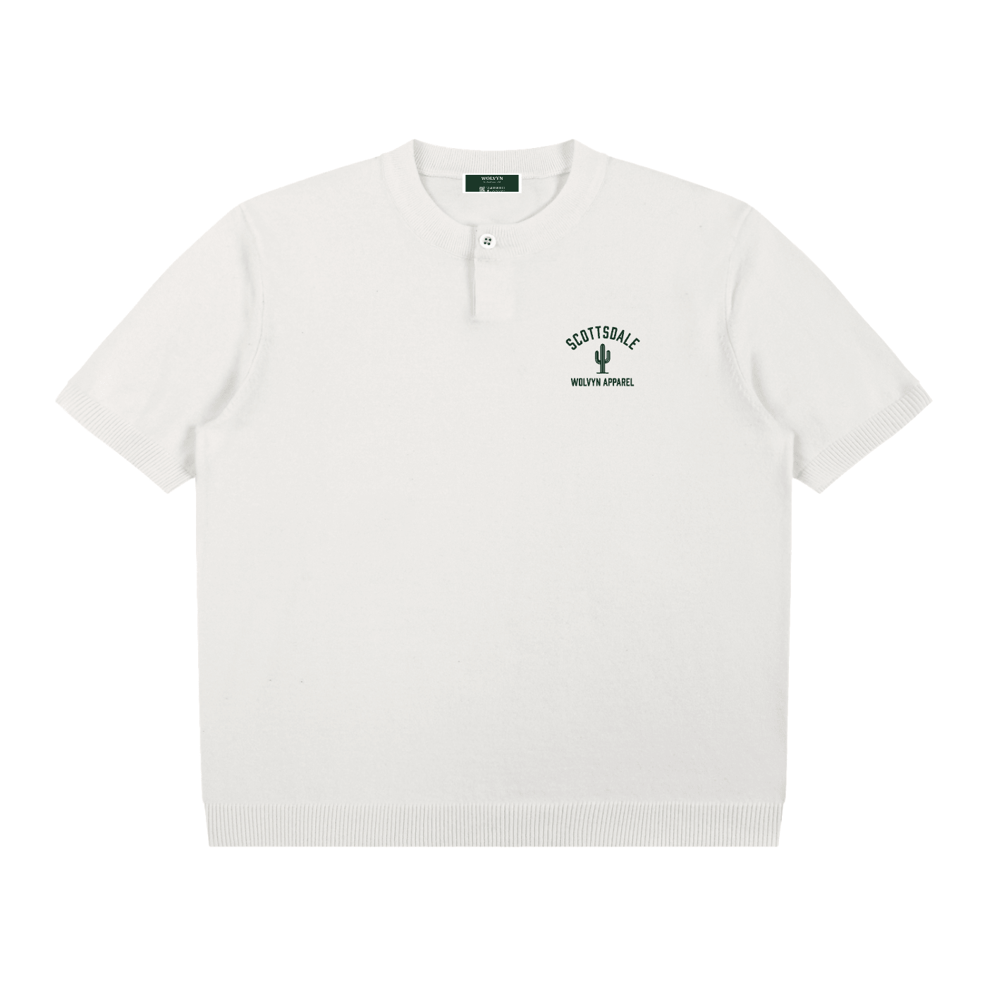 White cotton knit short sleeve Henley t-shirt with Scottsdale cactus chest graphic