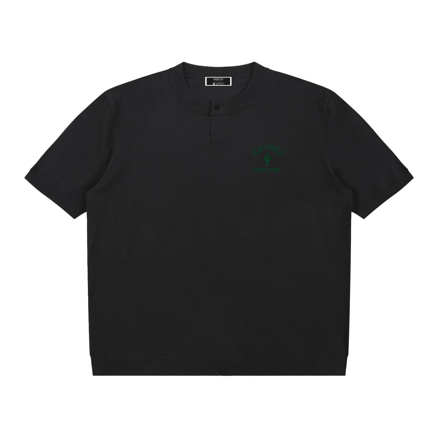 Black cotton knit short sleeve Henley t-shirt with Scottsdale cactus graphic