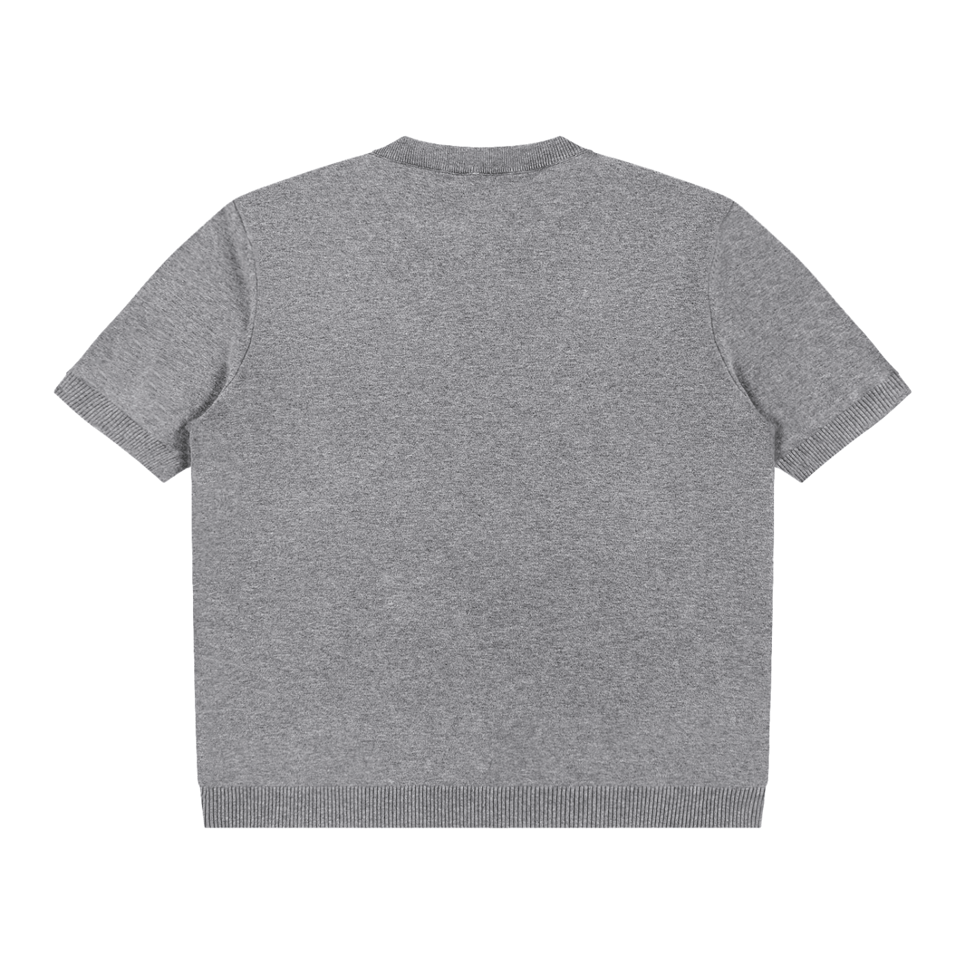 Back view of grey cotton knit short sleeve t-shirt with ribbed hems