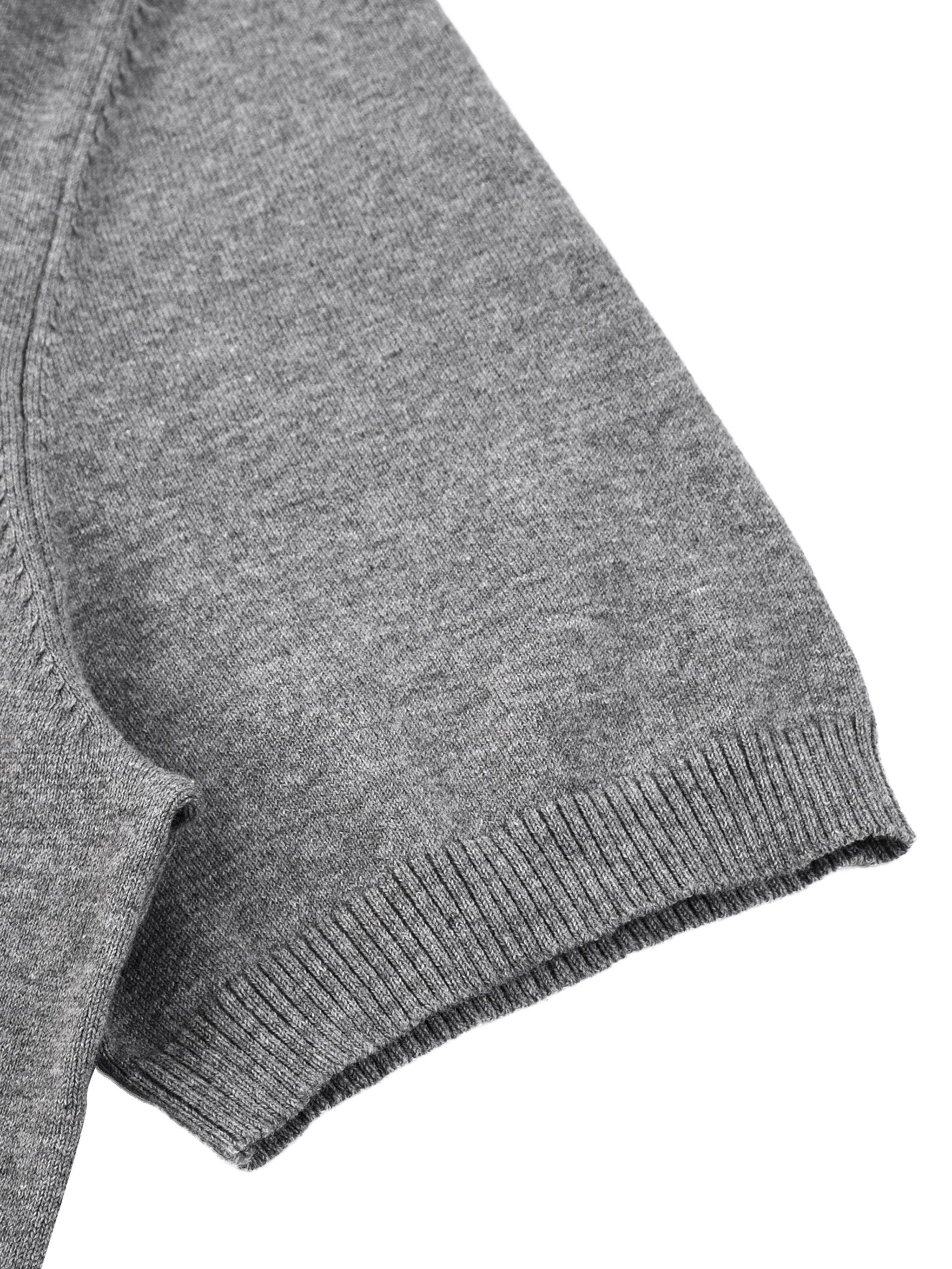 Close-up of grey cotton knit short sleeve shirt with ribbed cuff detail