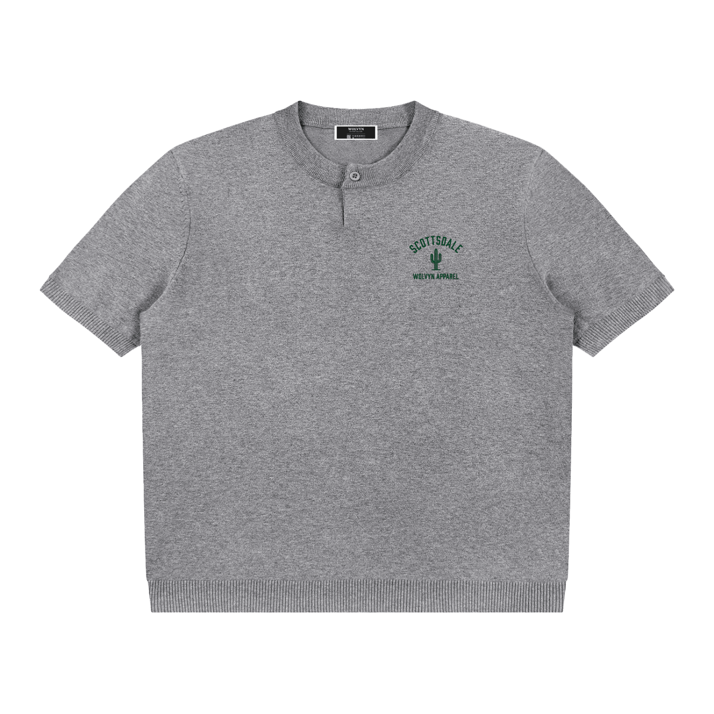 Gray cotton knit short sleeve Henley t-shirt with Scottsdale text and cactus graphic on chest