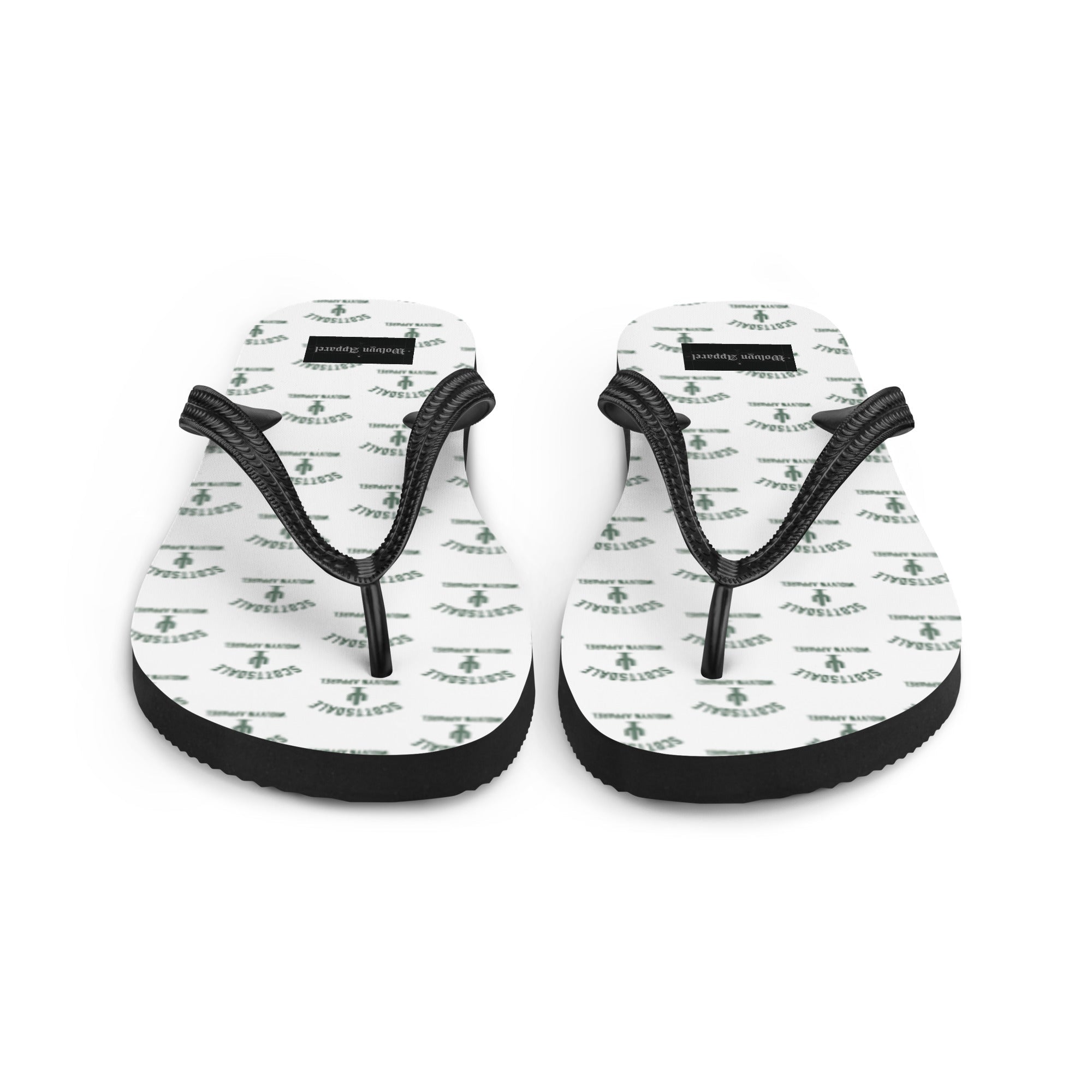 White flip flops with black straps, Scottsdale text pattern, streetwear sandals