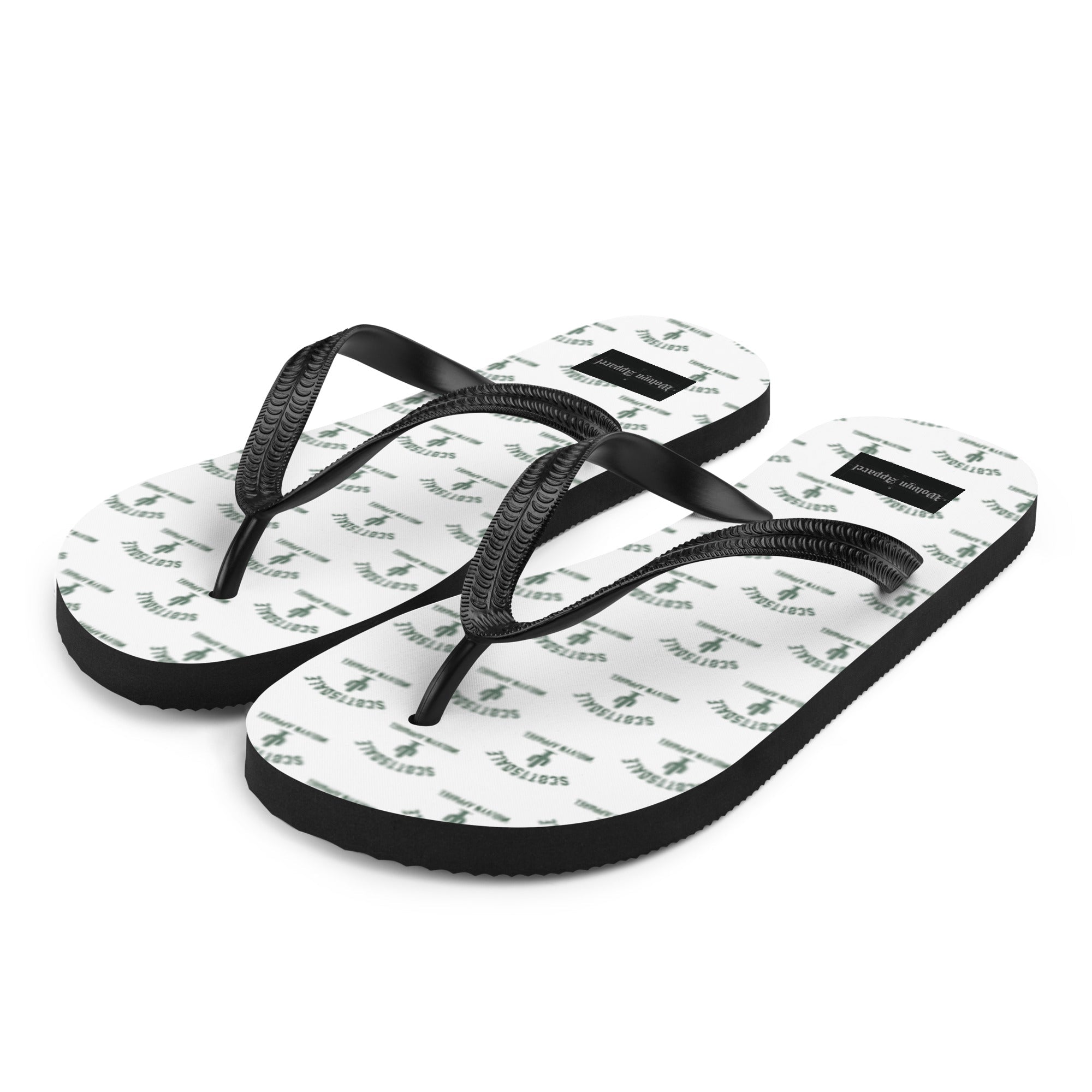 Black and white flip flops with Scottsdale 1935 palm logo print and black straps