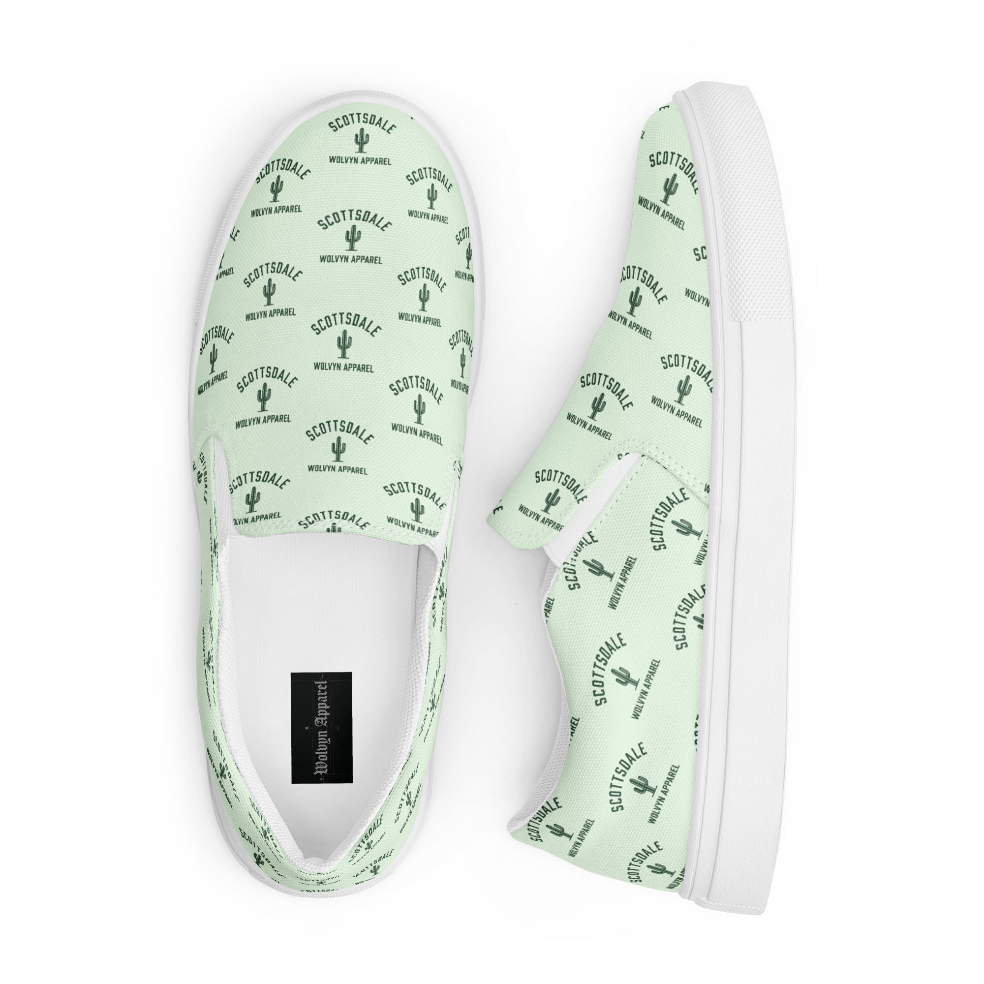 Mint green men's slip-on canvas shoes with Scottsdale and cactus print pattern