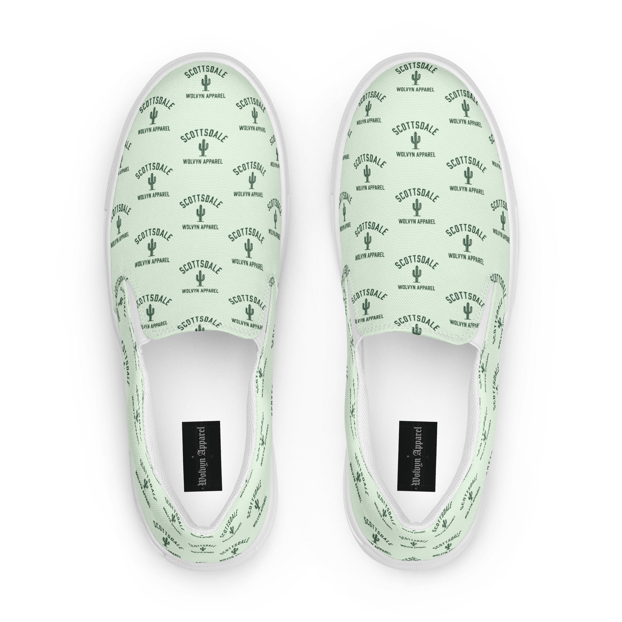 Men's slip-on canvas shoes in light green with Scottsdale and cactus print pattern.