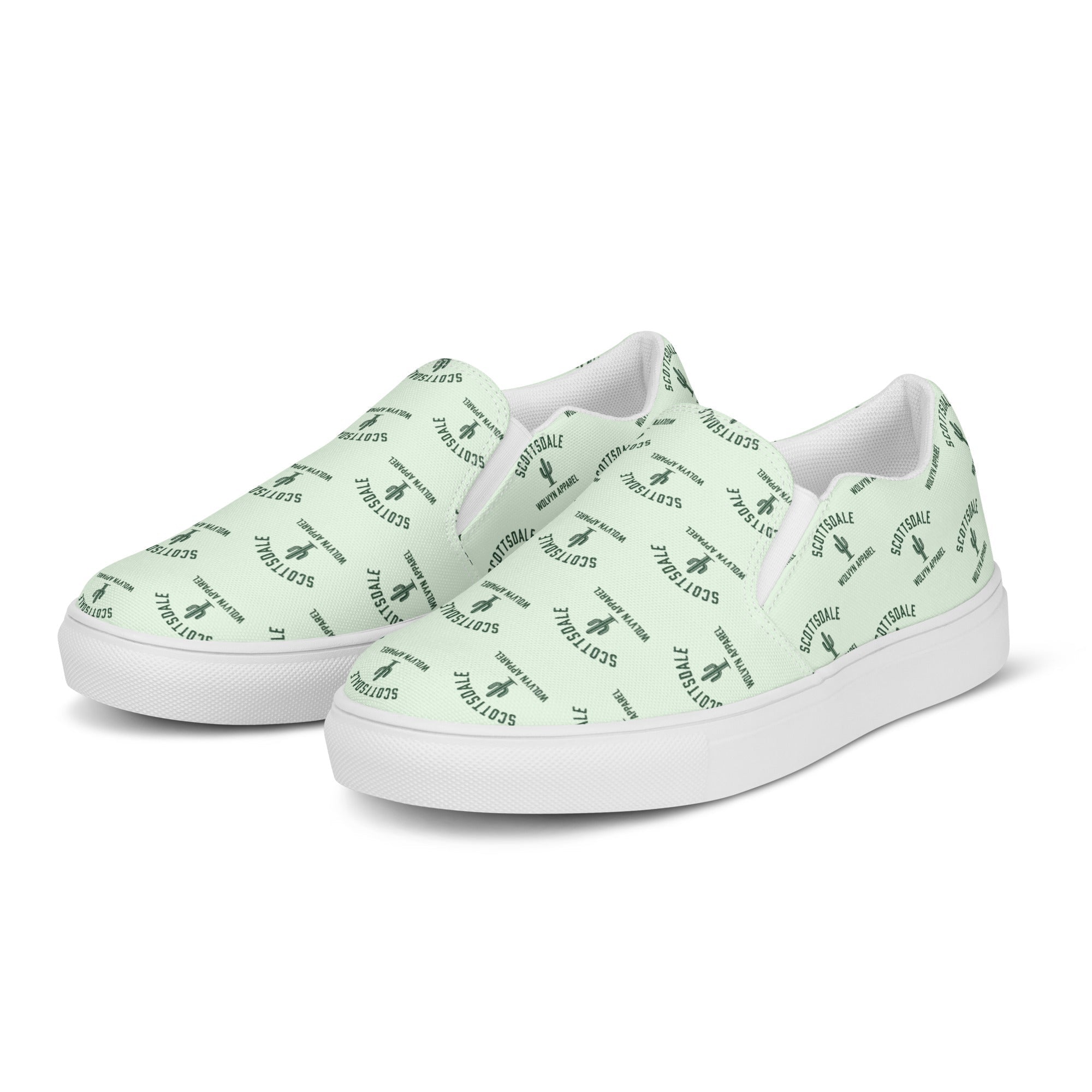 Men's slip-on canvas shoes with light green Scottsdale cactus pattern and white soles
