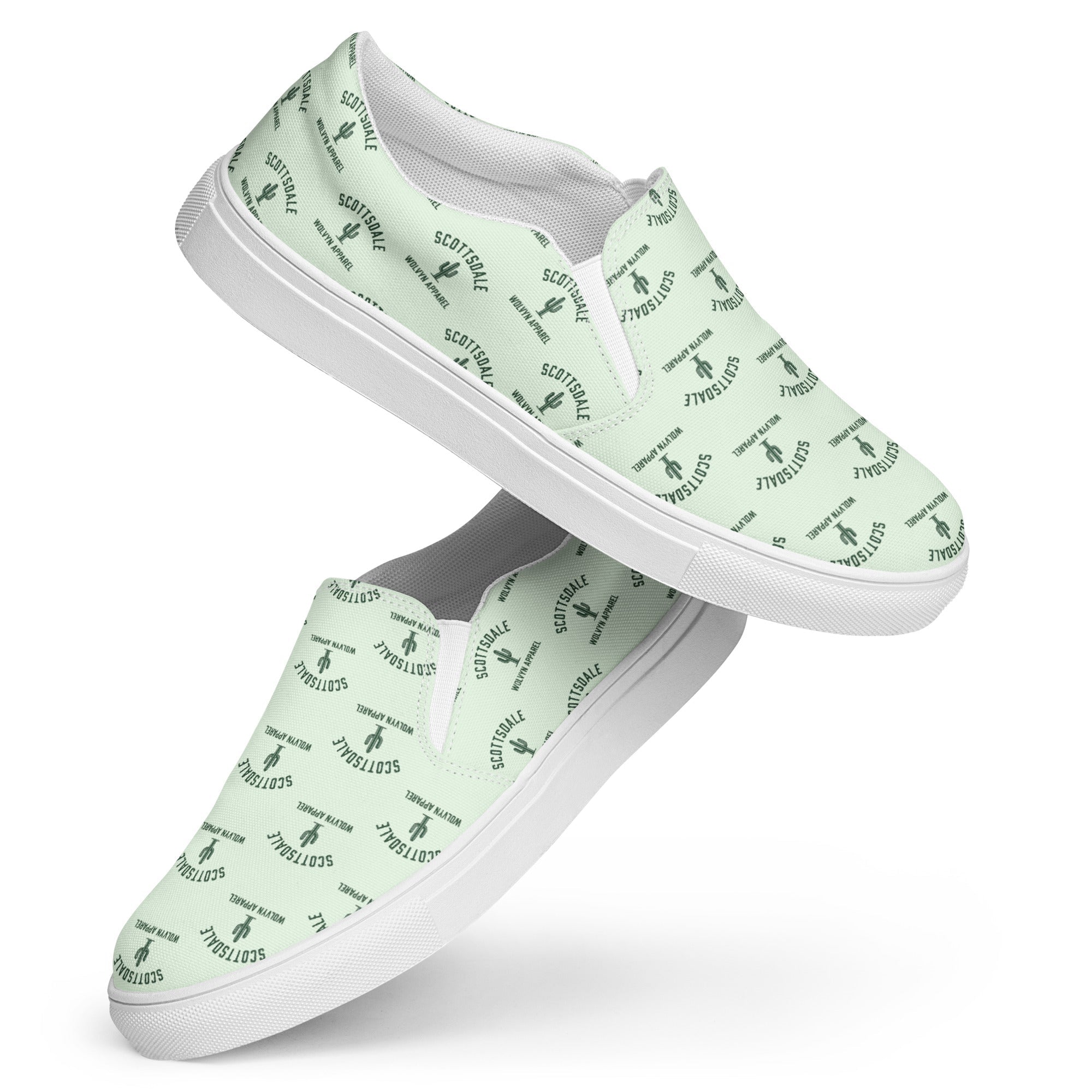 Men's mint green slip-on canvas shoes with Scottsdale cactus print, white soles