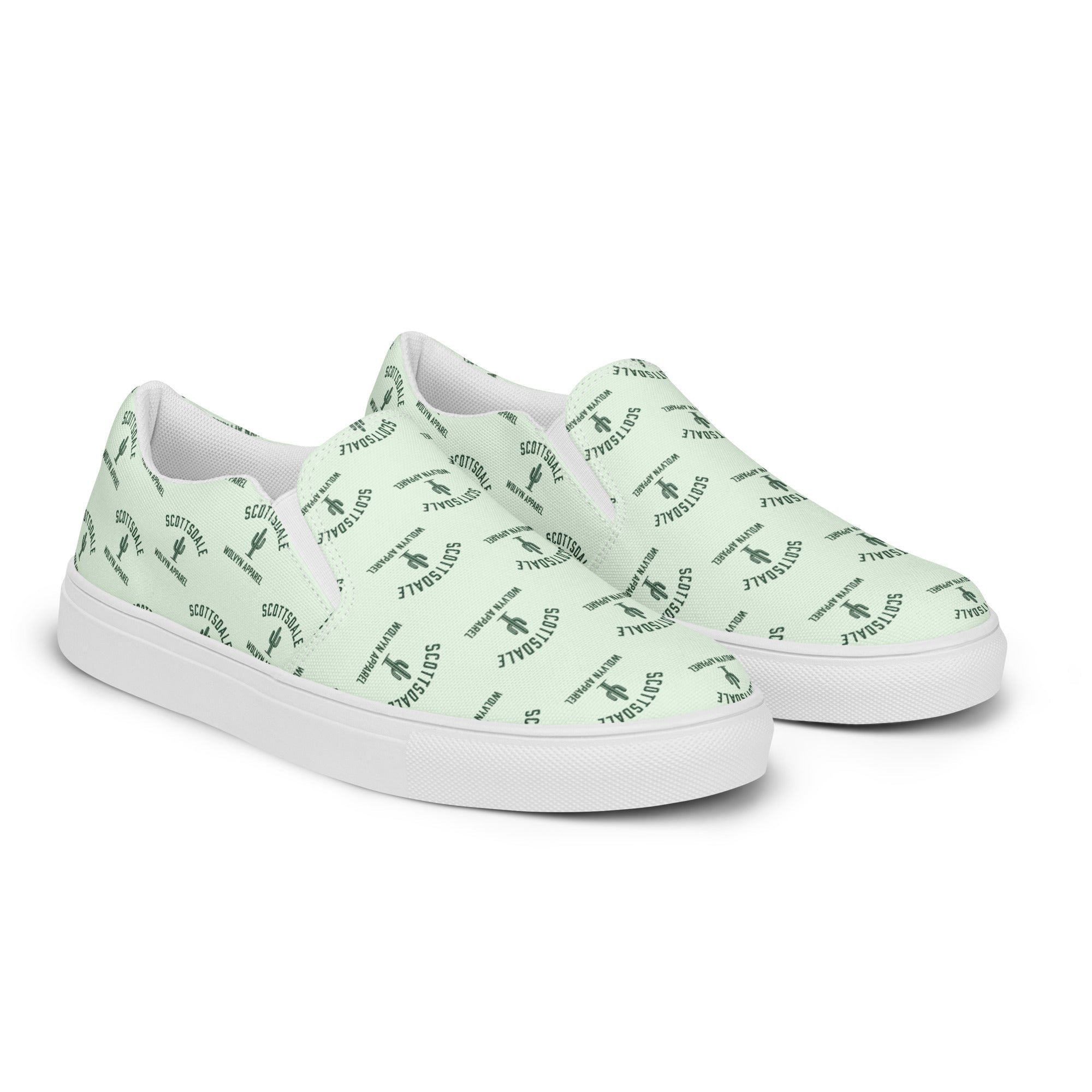 Men's mint green slip-on canvas shoes with Scottsdale and cactus print, white rubber sole