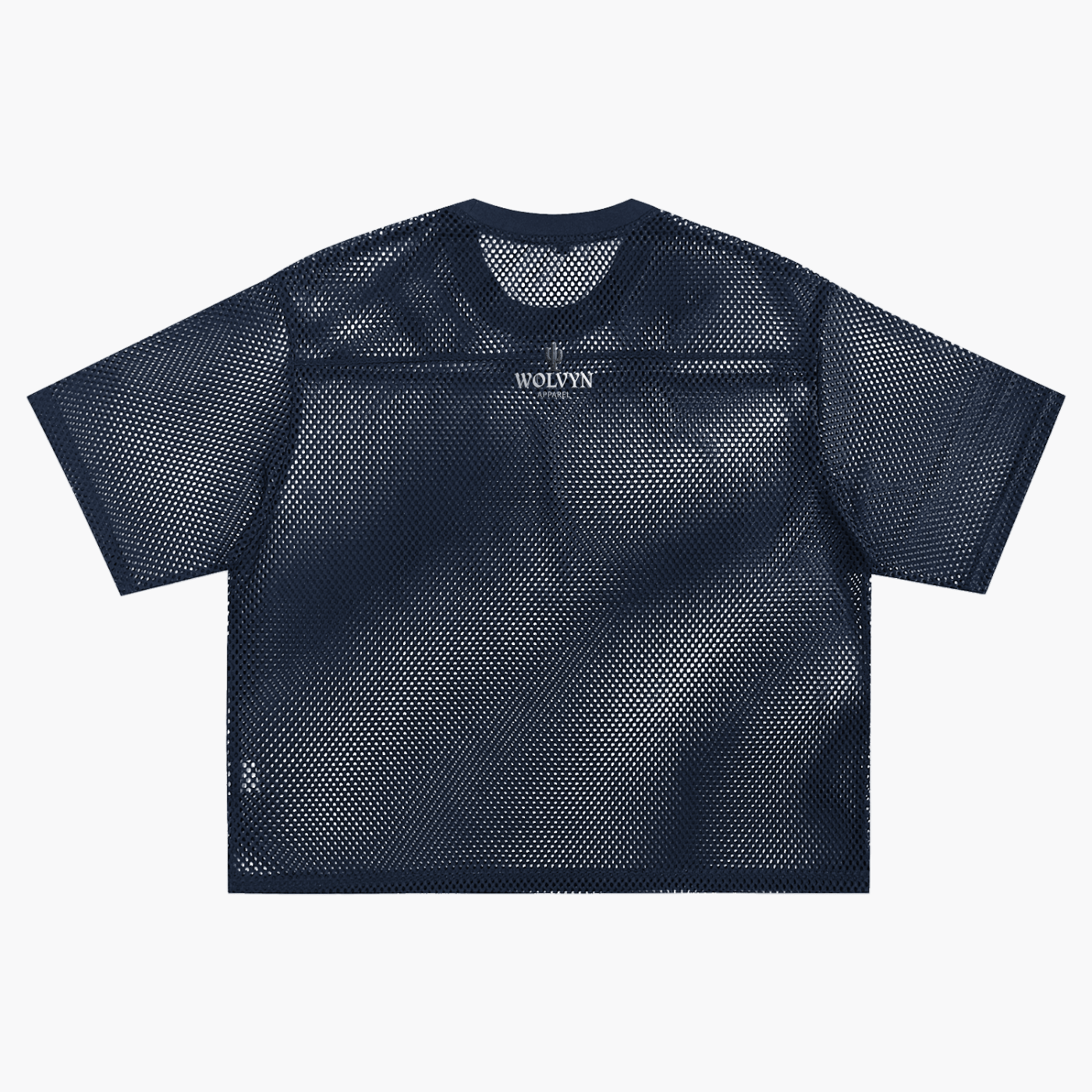 Boxy navy see-through mesh t-shirt with short sleeves and crew neck, streetwear style