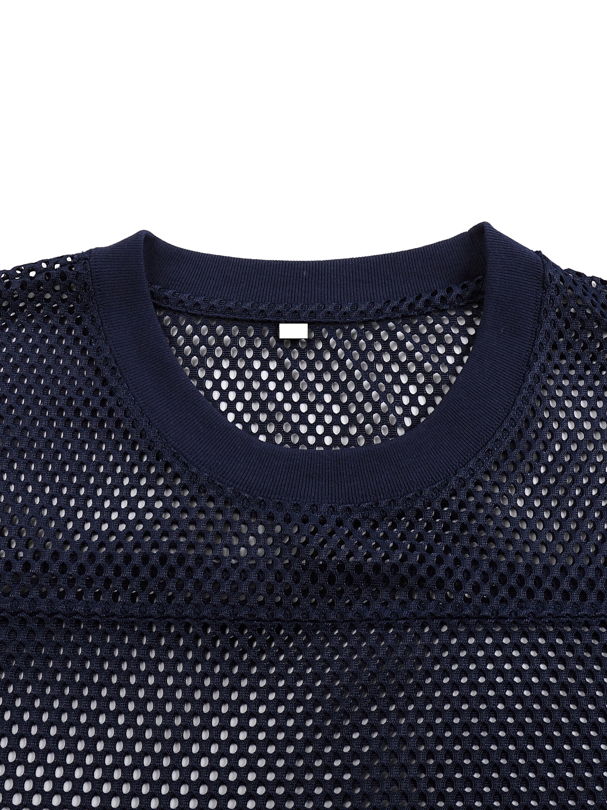 Close-up of navy blue see-through mesh boxy net t-shirt with ribbed crew neck