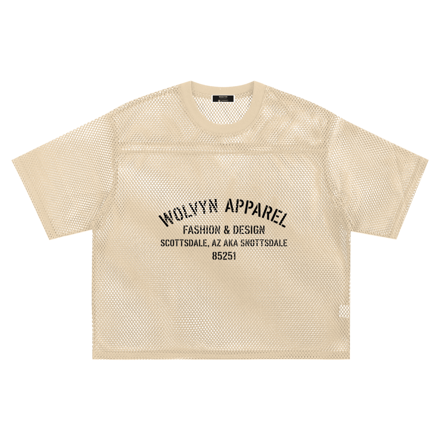 Beige see-through boxy mesh t-shirt with bold black text graphic on front