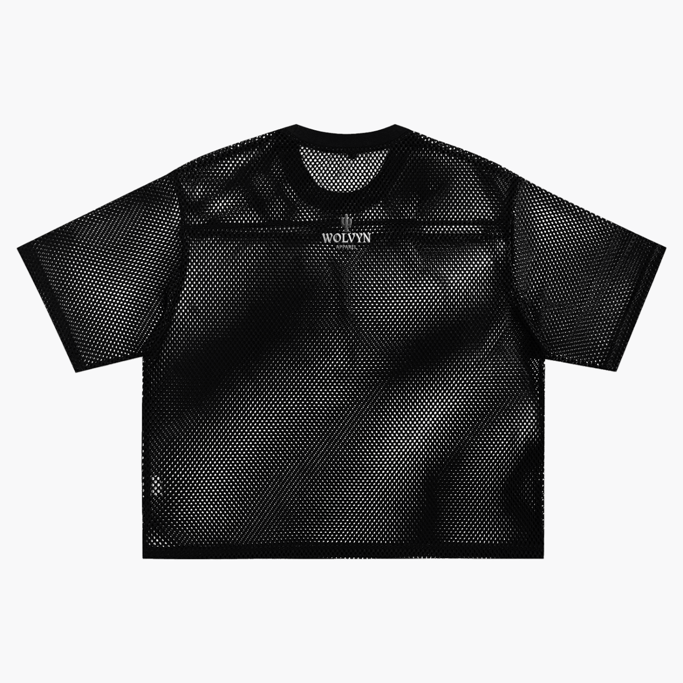 Black boxy mesh t-shirt with see-through net design and short sleeves