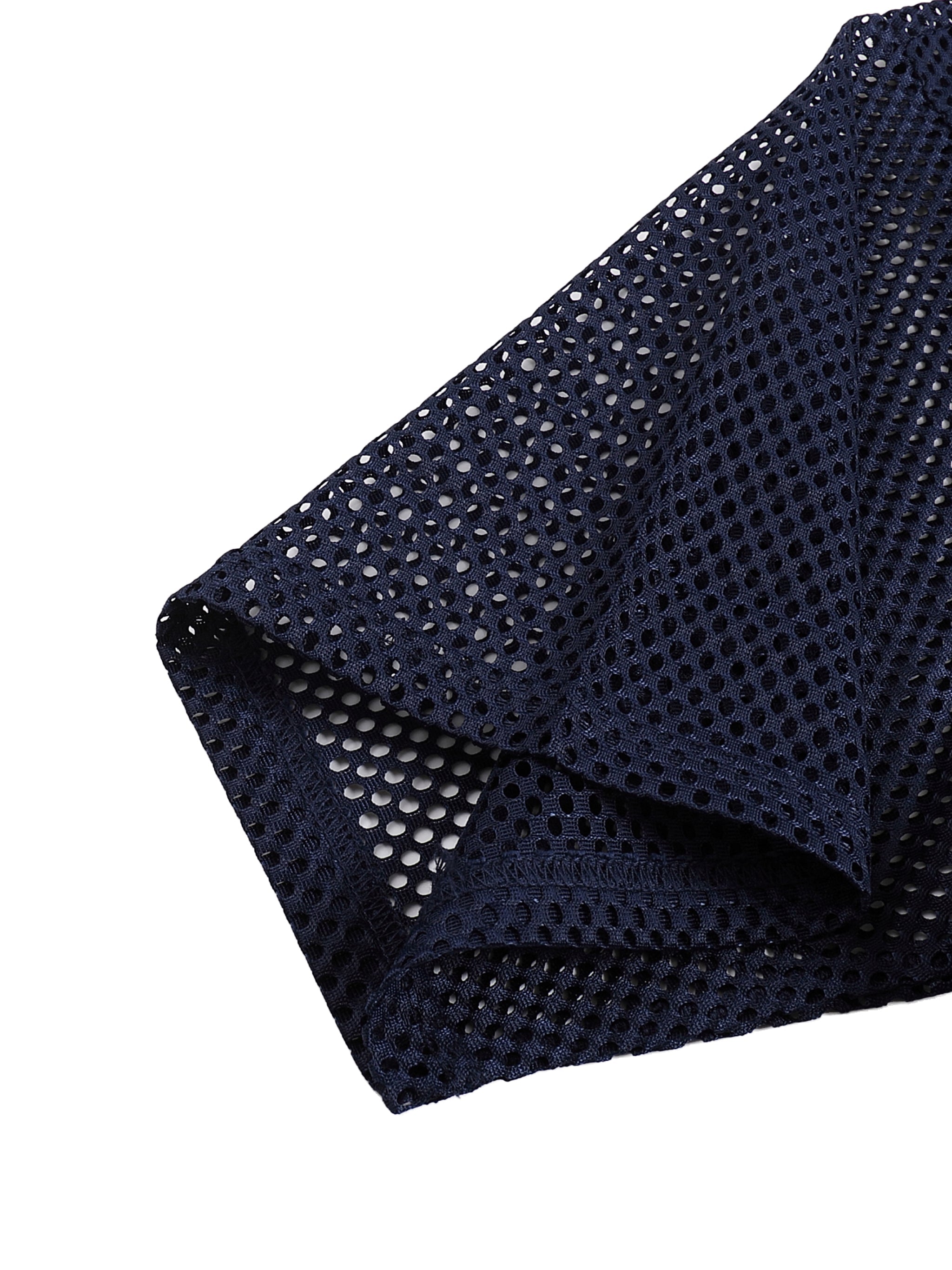 Close-up of navy blue see-through mesh net T-shirt fabric with boxy cut sleeve
