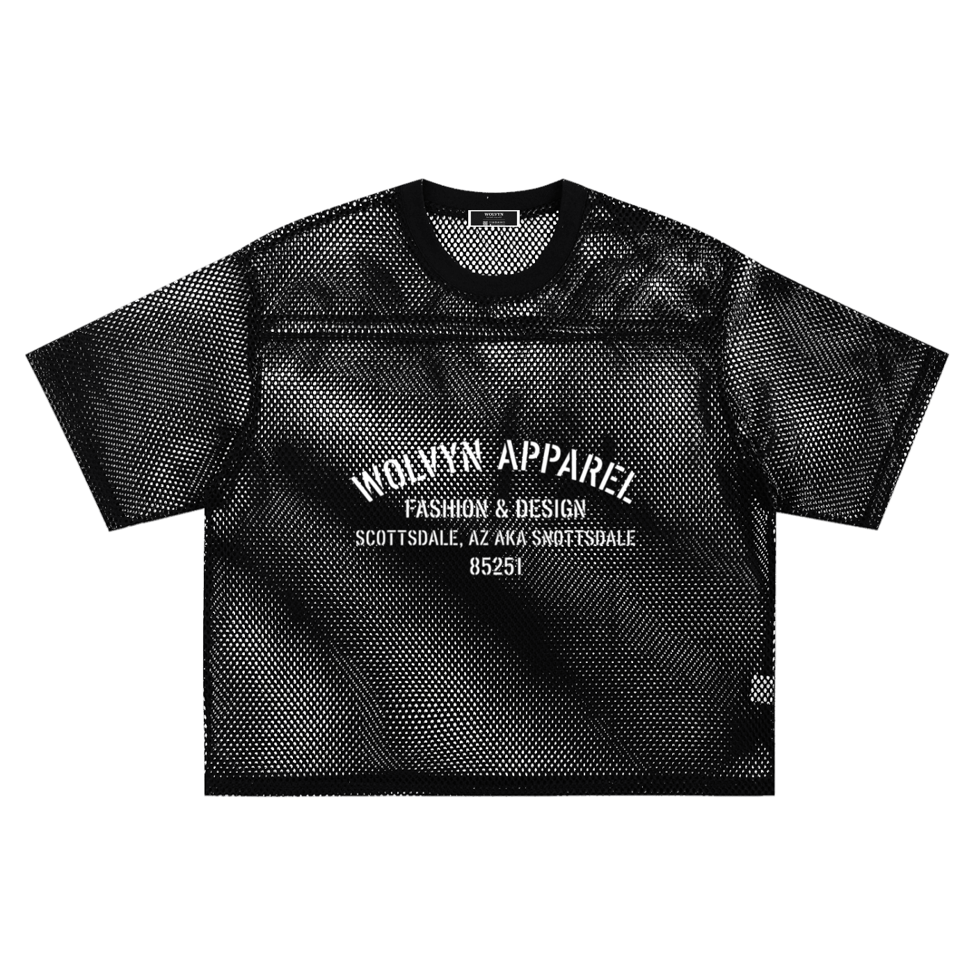 Black see-through boxy mesh net t-shirt with bold white Scottsdale text on front