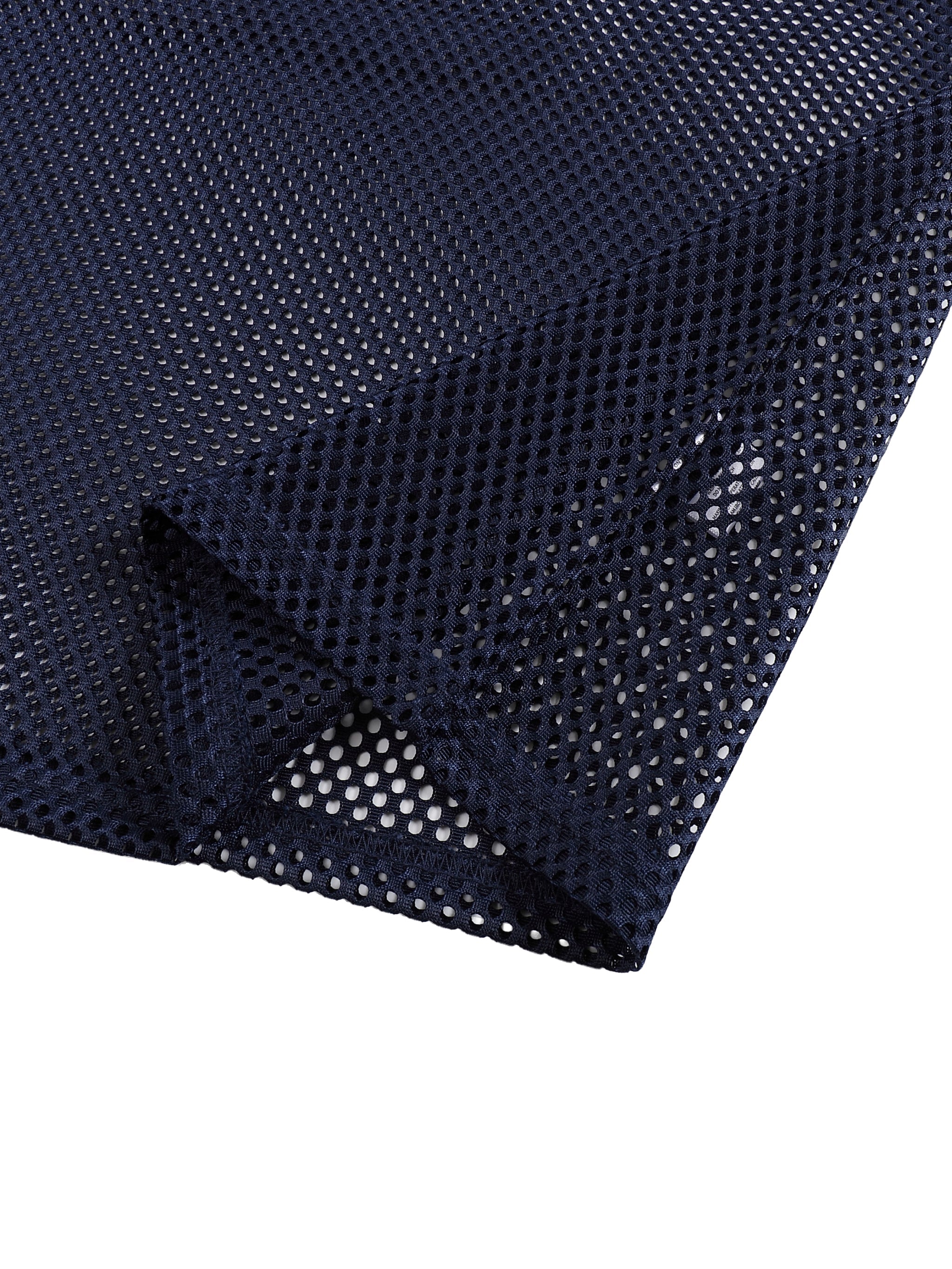 Close-up of navy blue mesh net t-shirt fabric with see-through texture