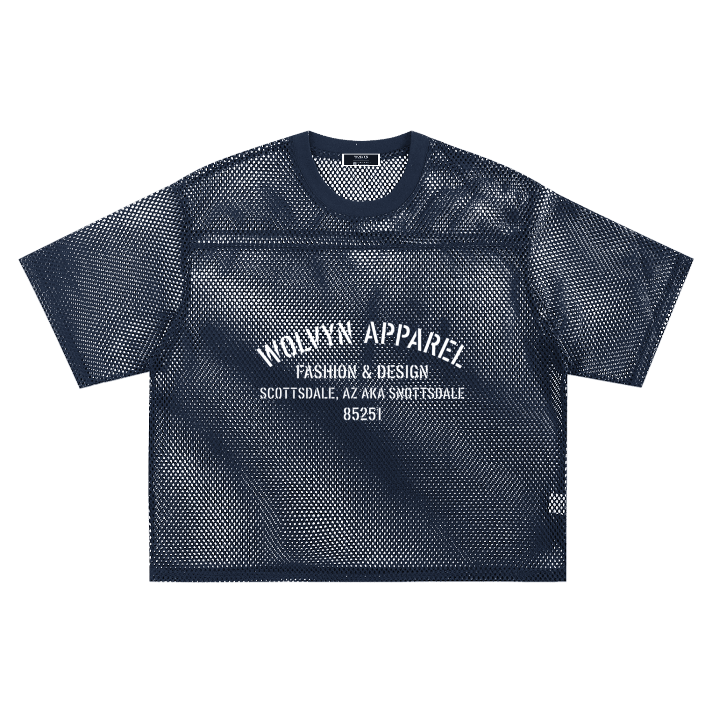 Sheer black boxy mesh net t-shirt with white Scottsdale graphic text, streetwear style.