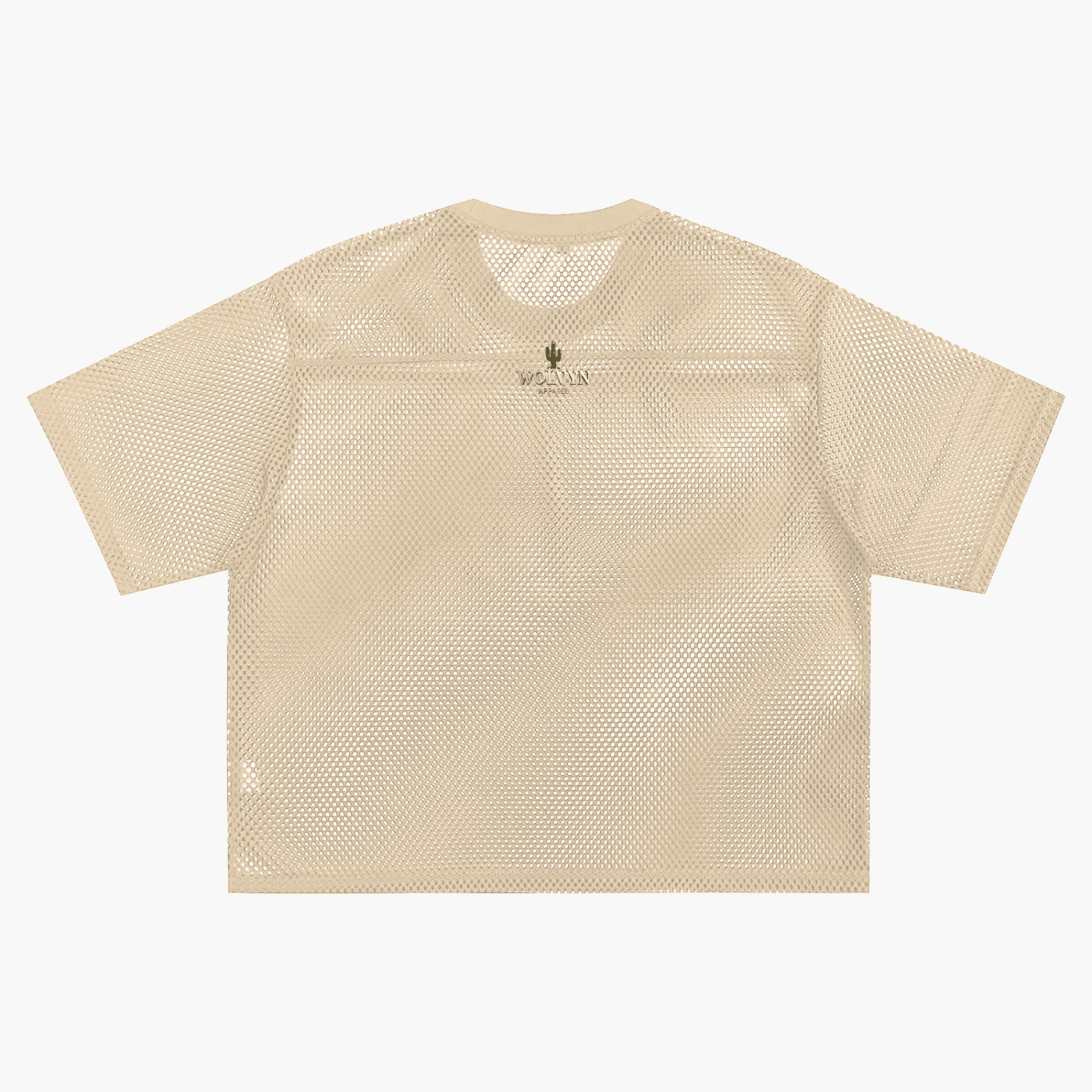 Beige boxy mesh net t-shirt with short sleeves and cactus detail on the back