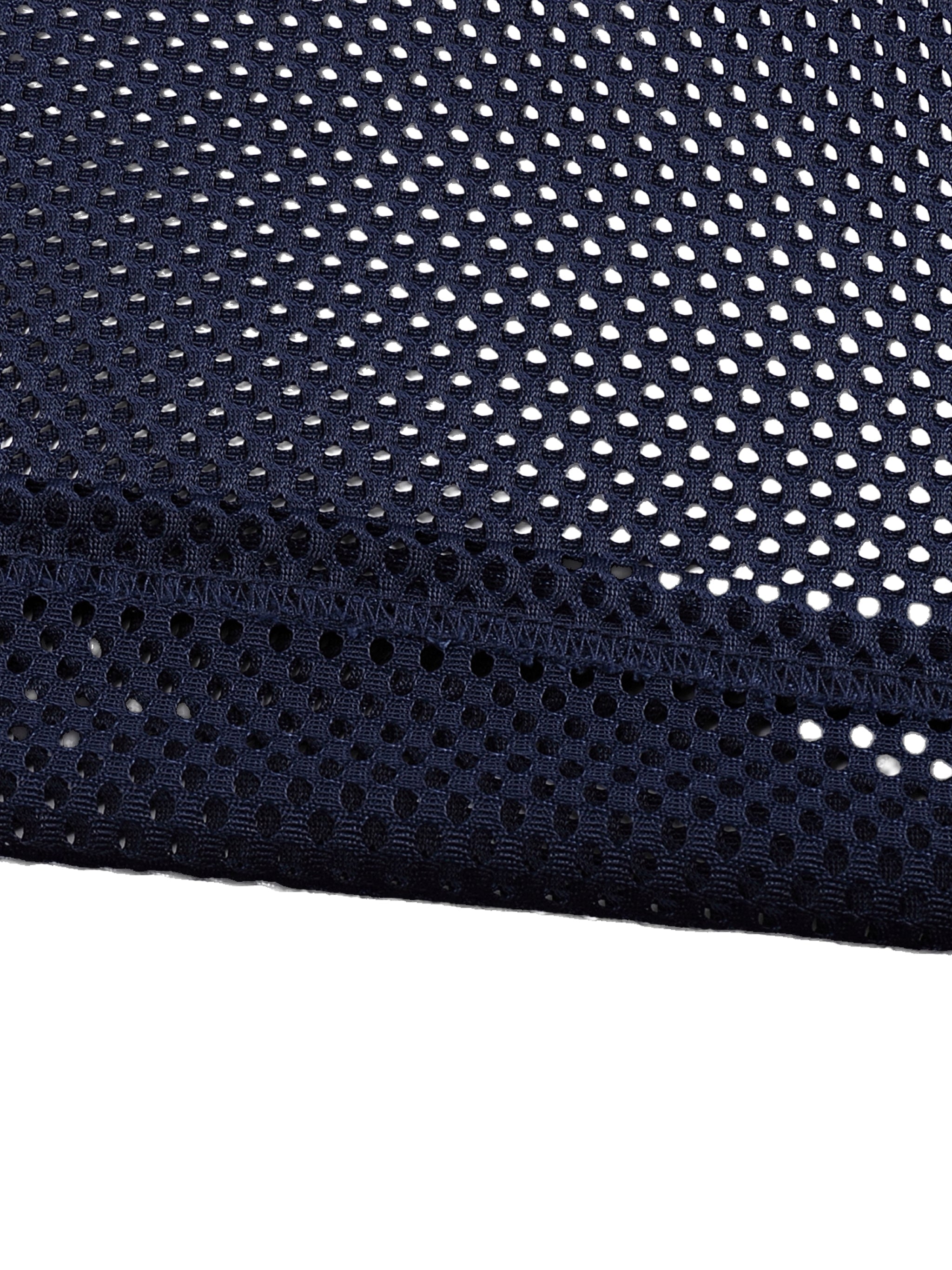 Close-up of navy blue boxy net T-shirt mesh fabric with breathable see-through pattern