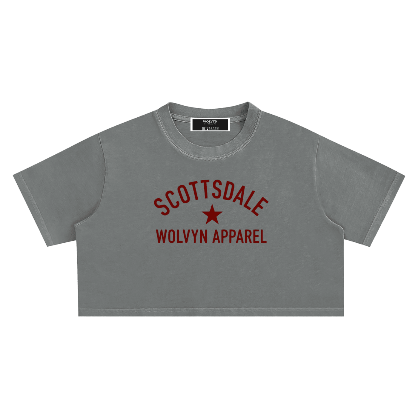 Grey snow washed crop top with 'Scottsdale Wolvyn Apparel' red text and star graphic