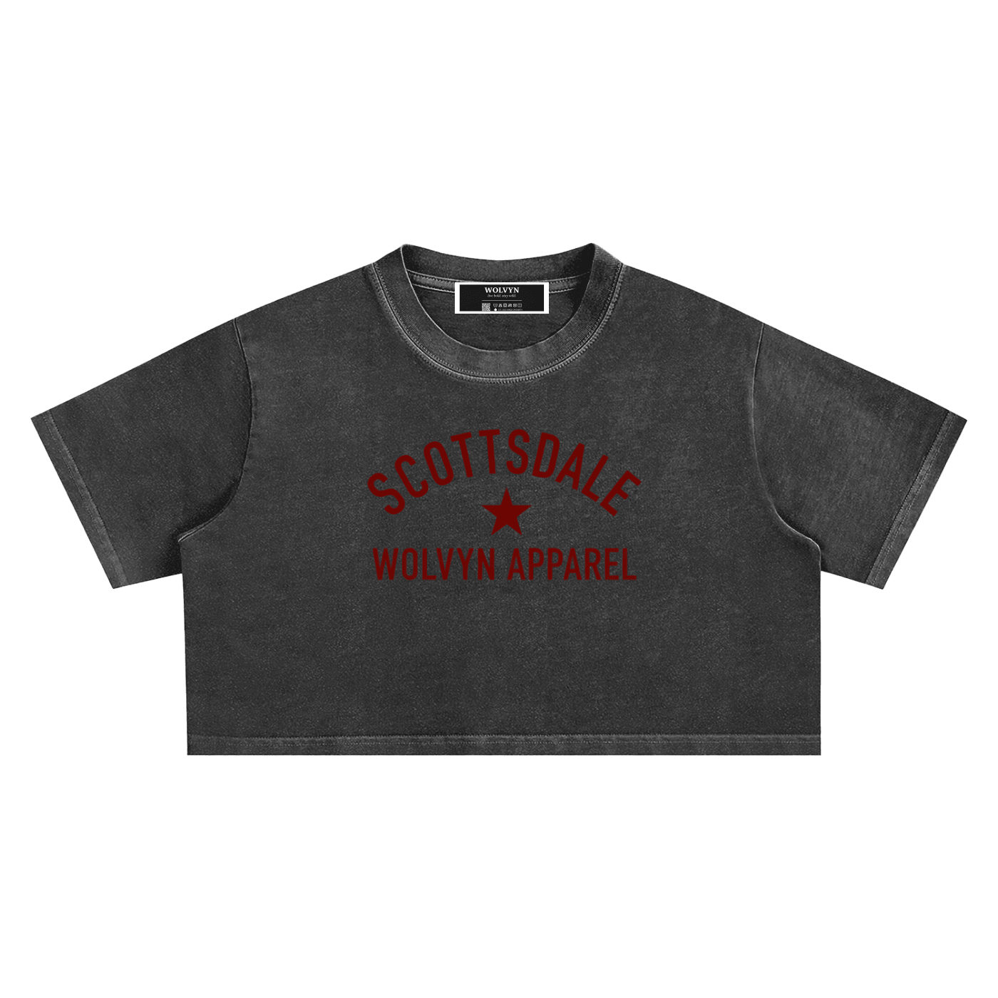 Snow-washed black crop top with 'Scottsdale Wolvyn Apparel' red print, heavyweight streetwear.