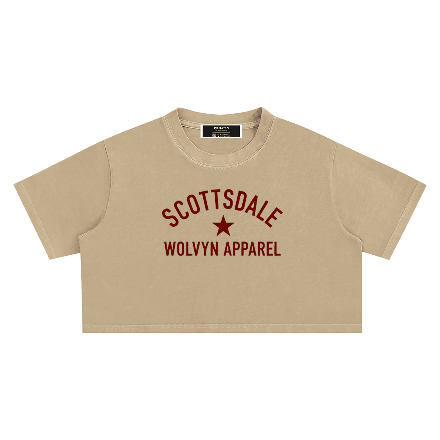 Snow washed beige crop top with 'Scottsdale Wolvyn Apparel' red text and star graphic