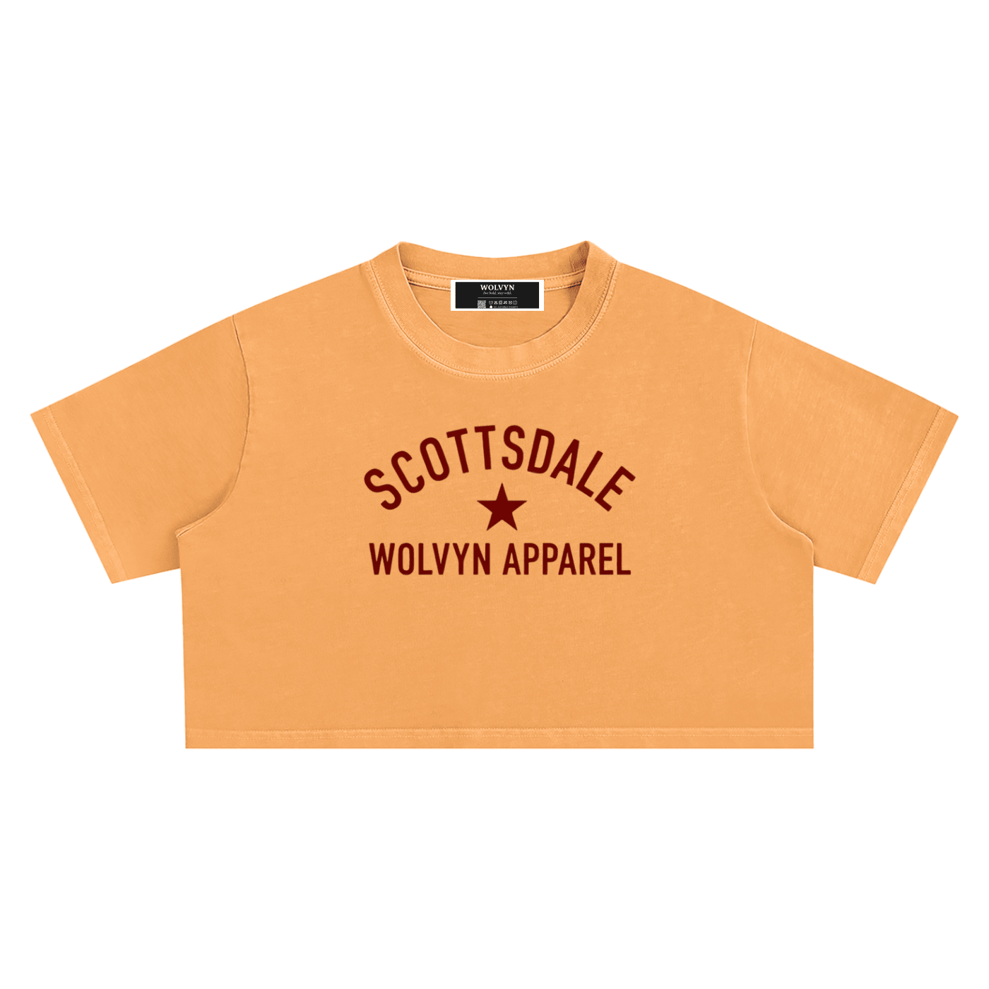 Peach snow-washed crop top with Scottsdale and Wolvyn Apparel text in bold red font