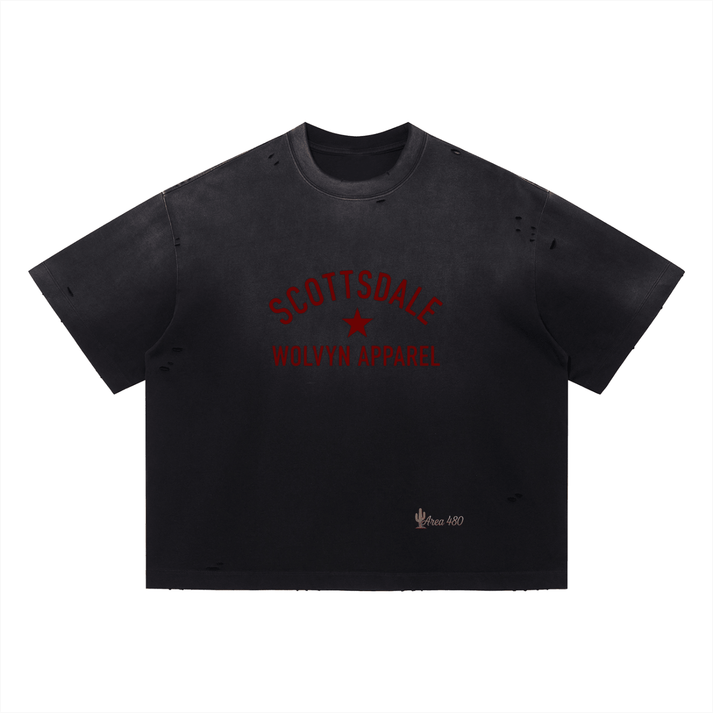 Vintage washed black oversized t-shirt with distressed details and red Scottsdale graphic print
