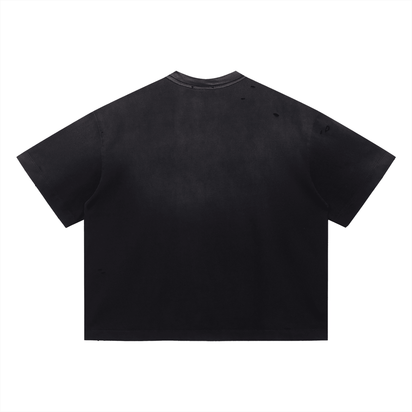 Back view of black vintage washed, distressed boxy oversized t-shirt on white background