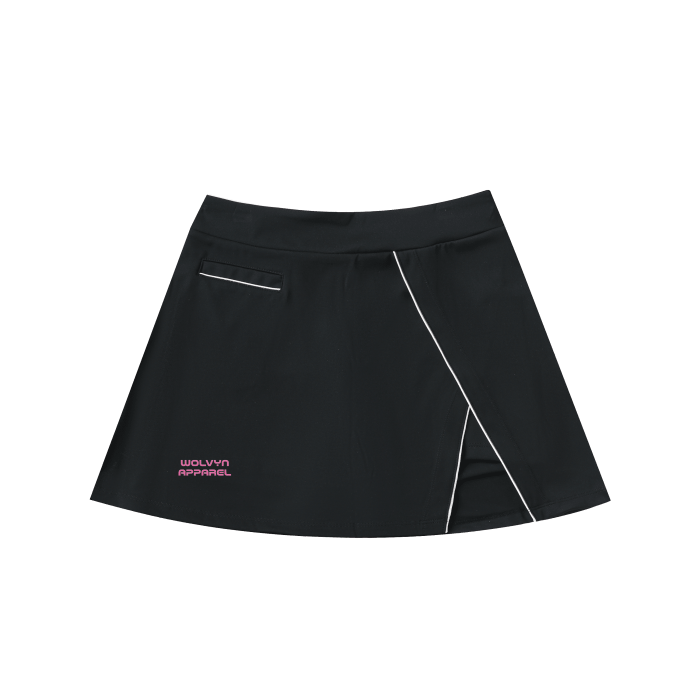 Black high-waist A-line skirt with pockets, white piping, and front slit accent.