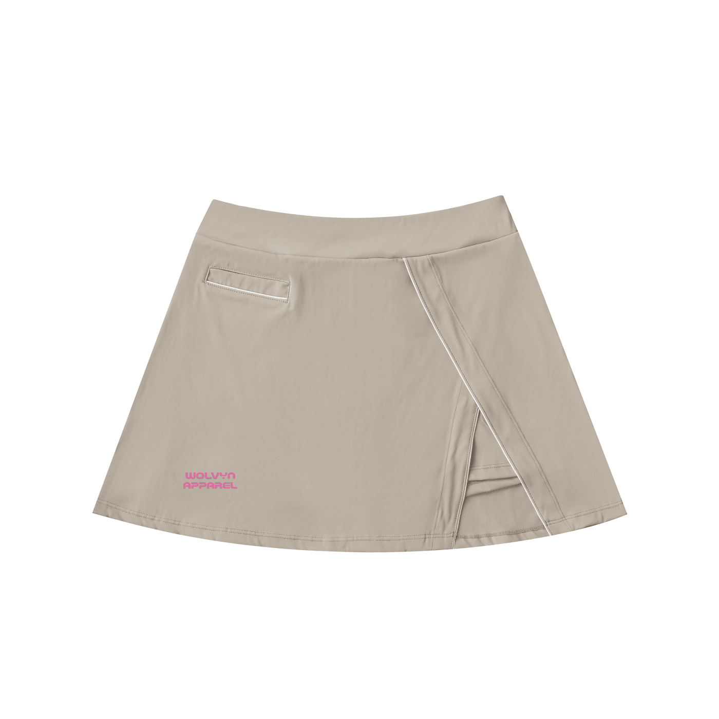 Beige high-waist A-line skirt with front pocket and side slit detailing