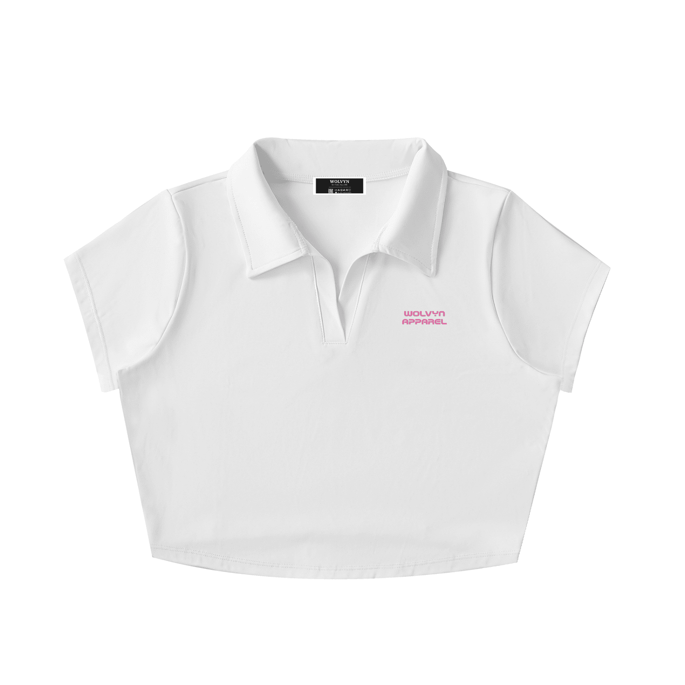 White V-neck lapel crop top with short sleeves and pink text graphic on chest