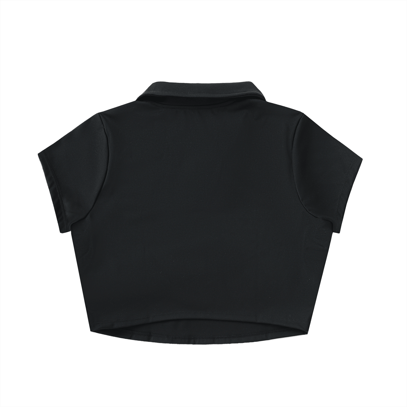 Back view of black V-neck lapel crop top with short sleeves on white background