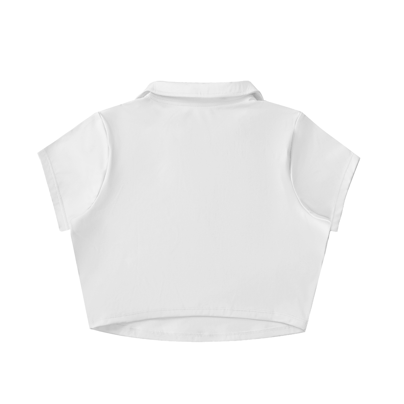 Back view of white V-neck lapel short sleeve crop top on plain background