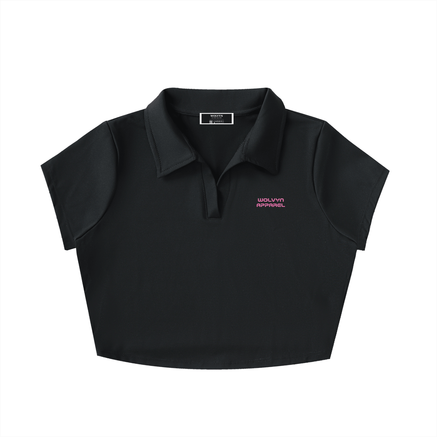Black V-neck lapel crop top with short sleeves and pink embroidered text on chest