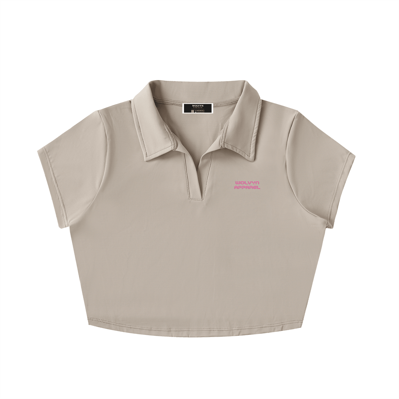 Beige V-neck lapel crop top with pink chest text and short sleeves, minimalist design
