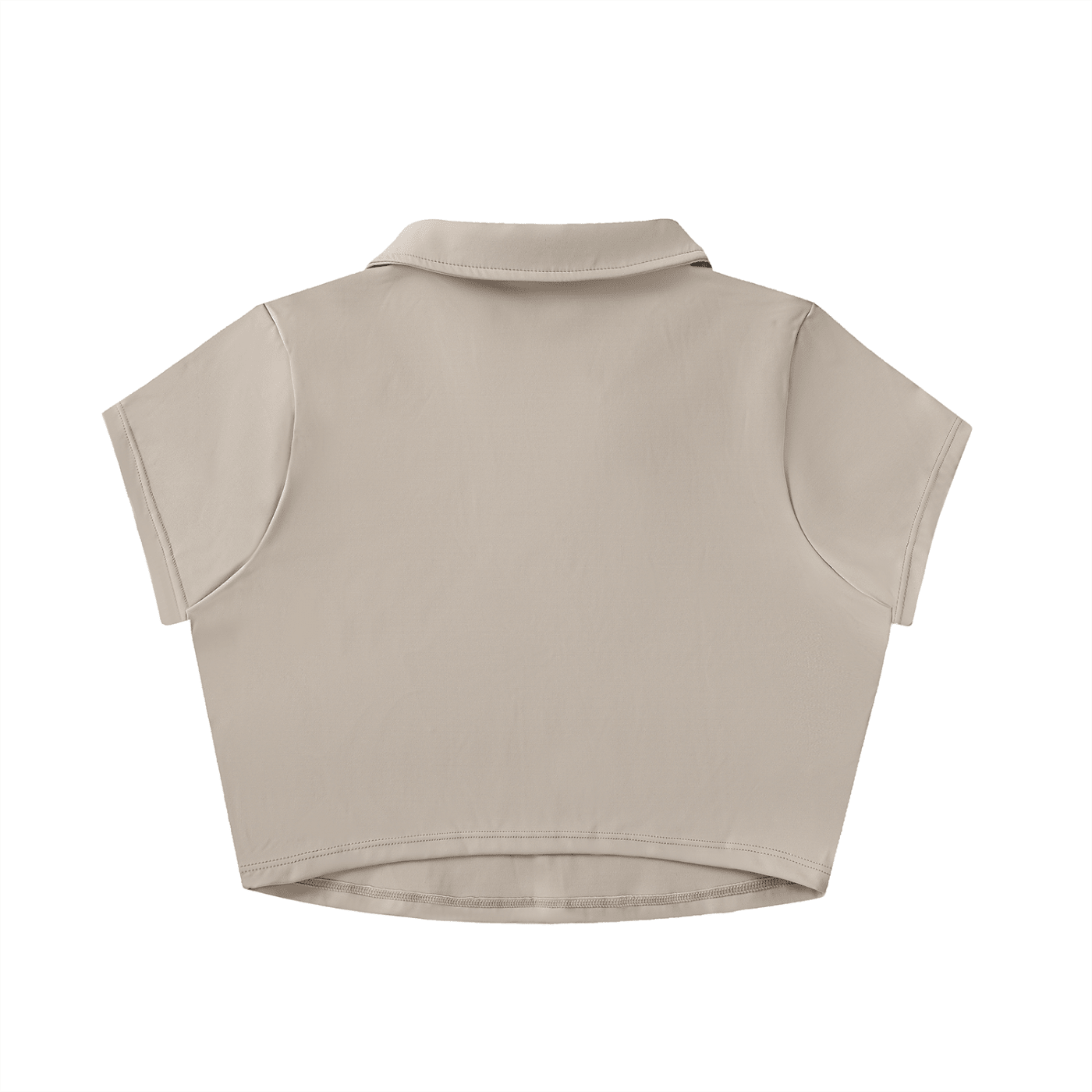 Back view of beige v-neck lapel crop top with short sleeves