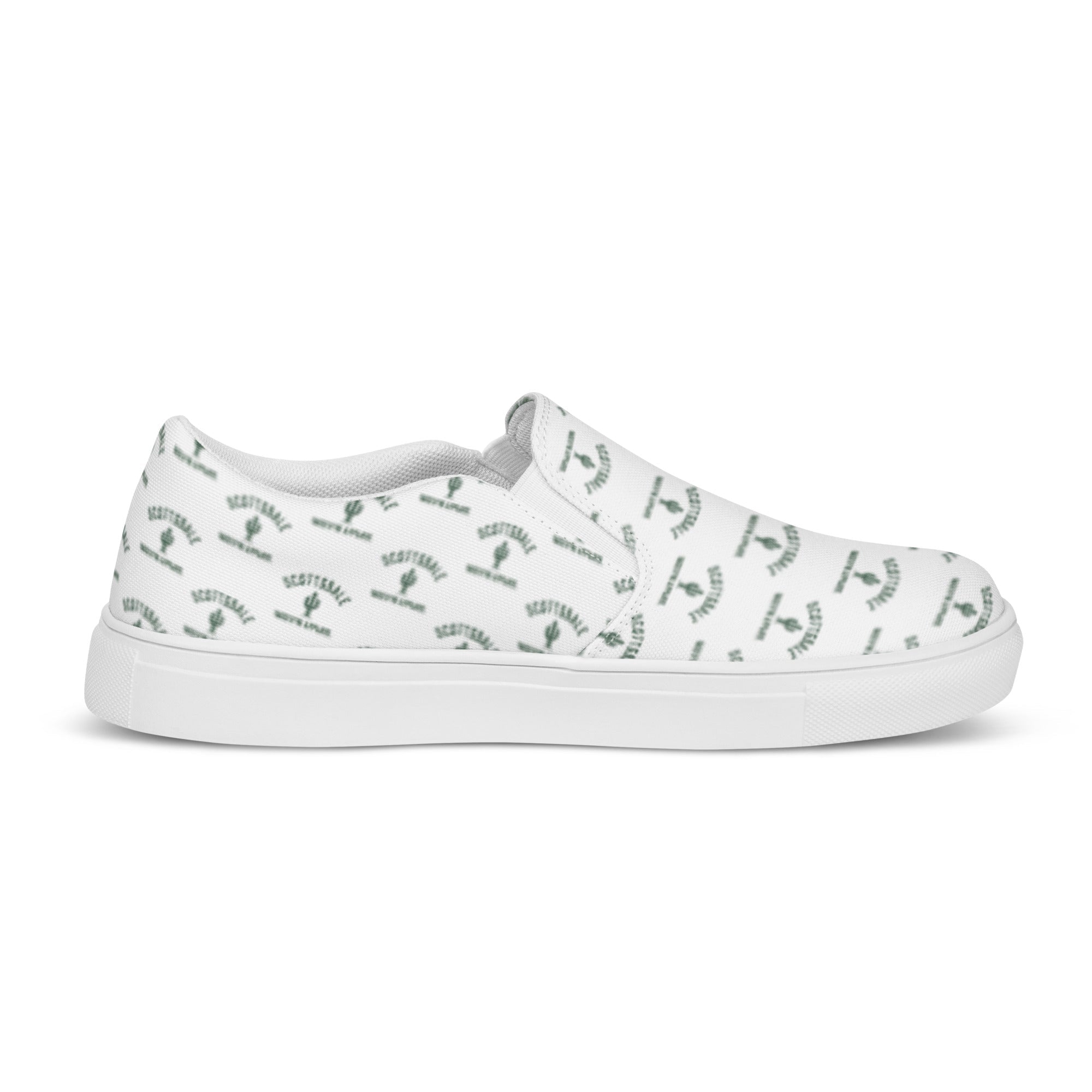 White women's slip-on canvas shoe with green Scottsdale cactus print, side view