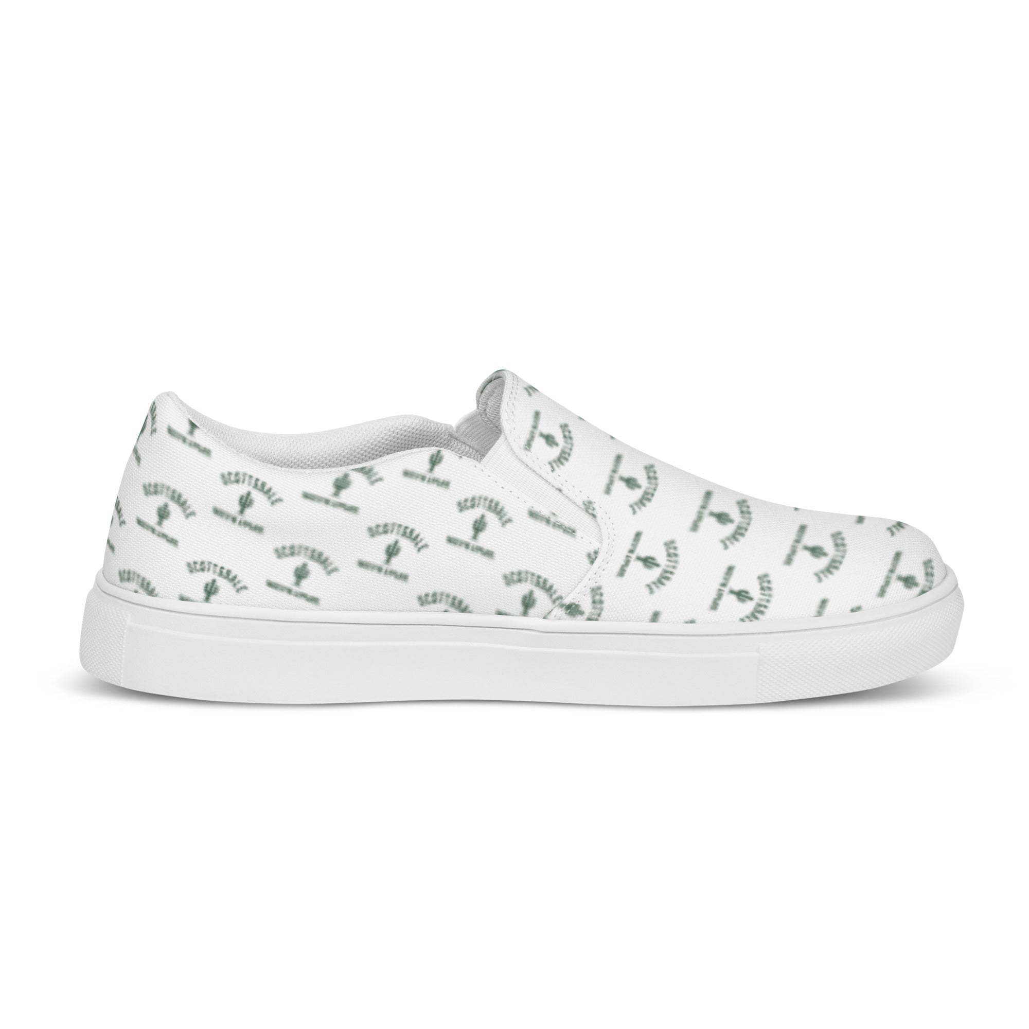 White women's slip-on canvas shoe with green cactus and Scottsdale text pattern