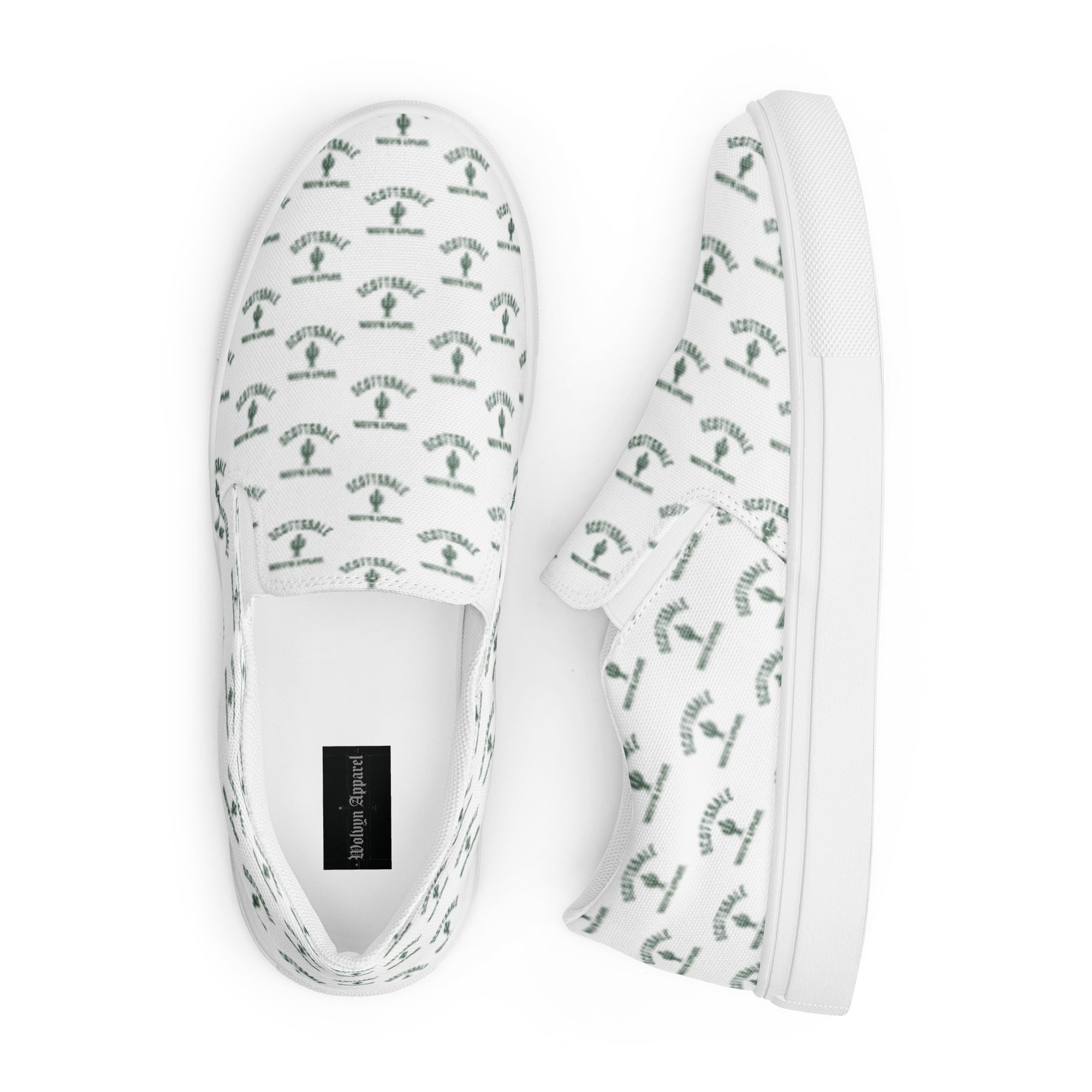White women's slip-on canvas shoes with green Scottsdale cactus print pattern