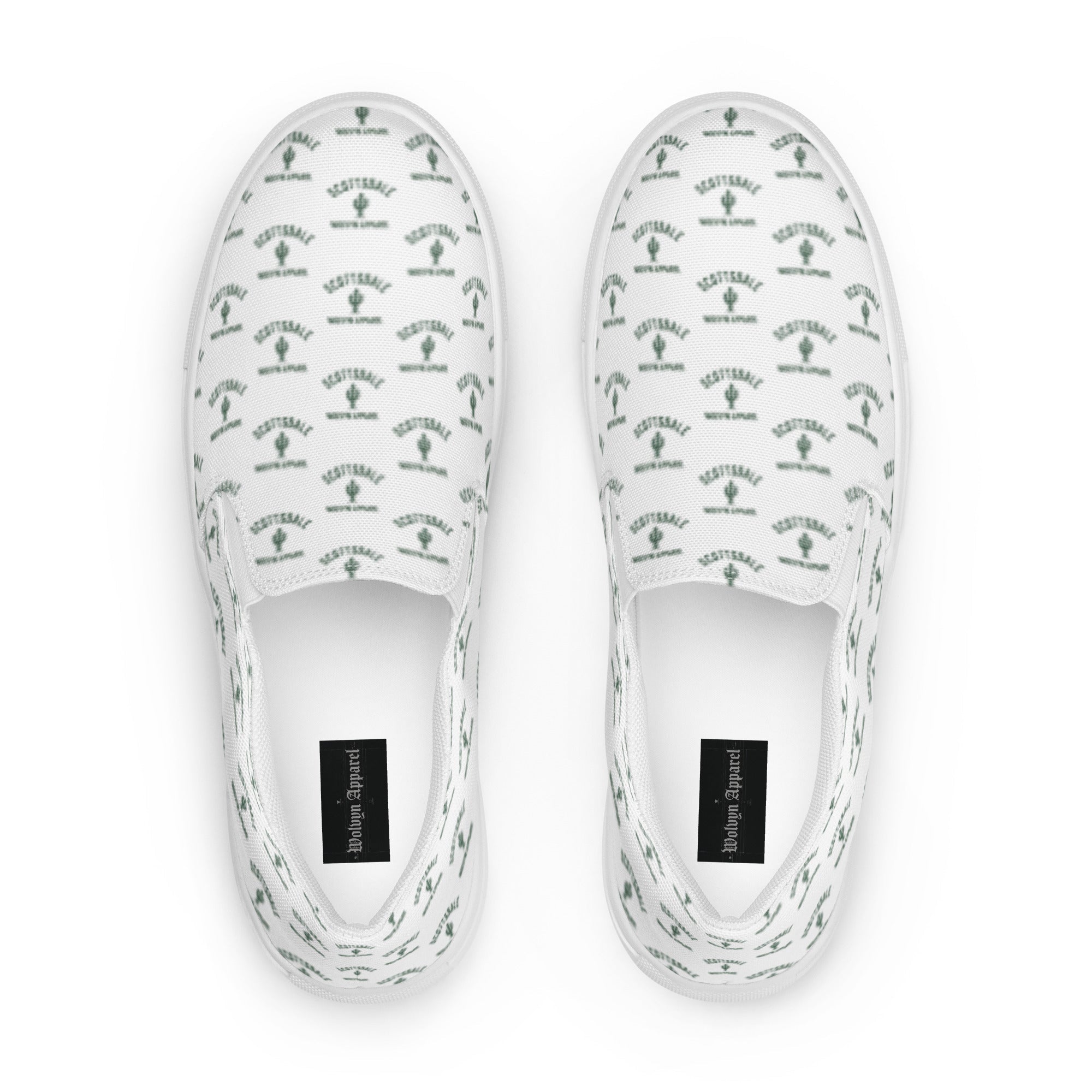 White women's slip-on canvas shoes with green cactus and 'Scottsdale' pattern
