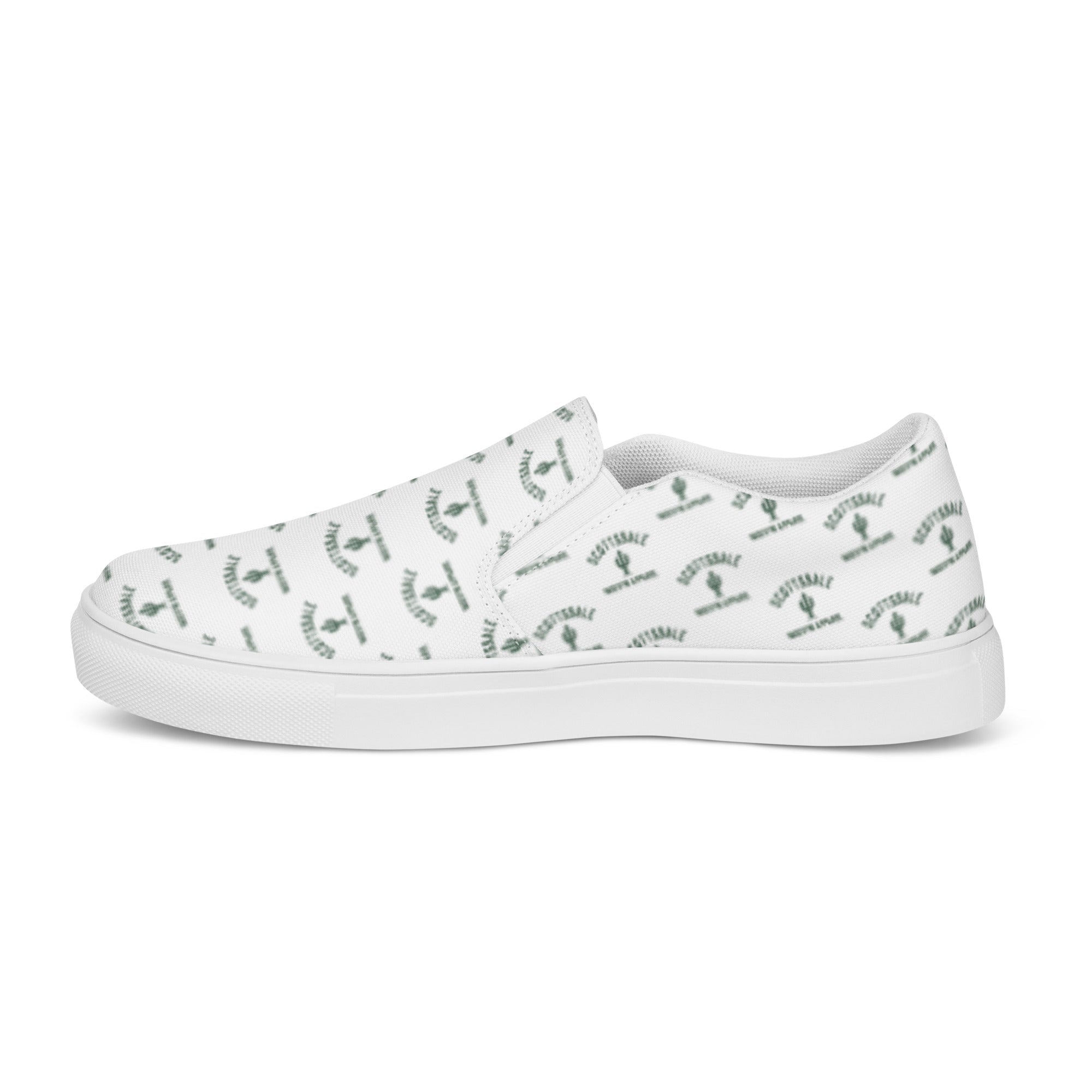 Women's white slip-on canvas shoe with green Scottsdale cactus pattern side view