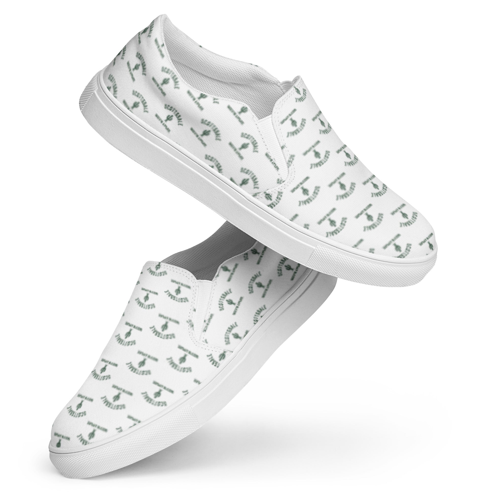 White women's slip-on canvas shoes with green cactus print, side view